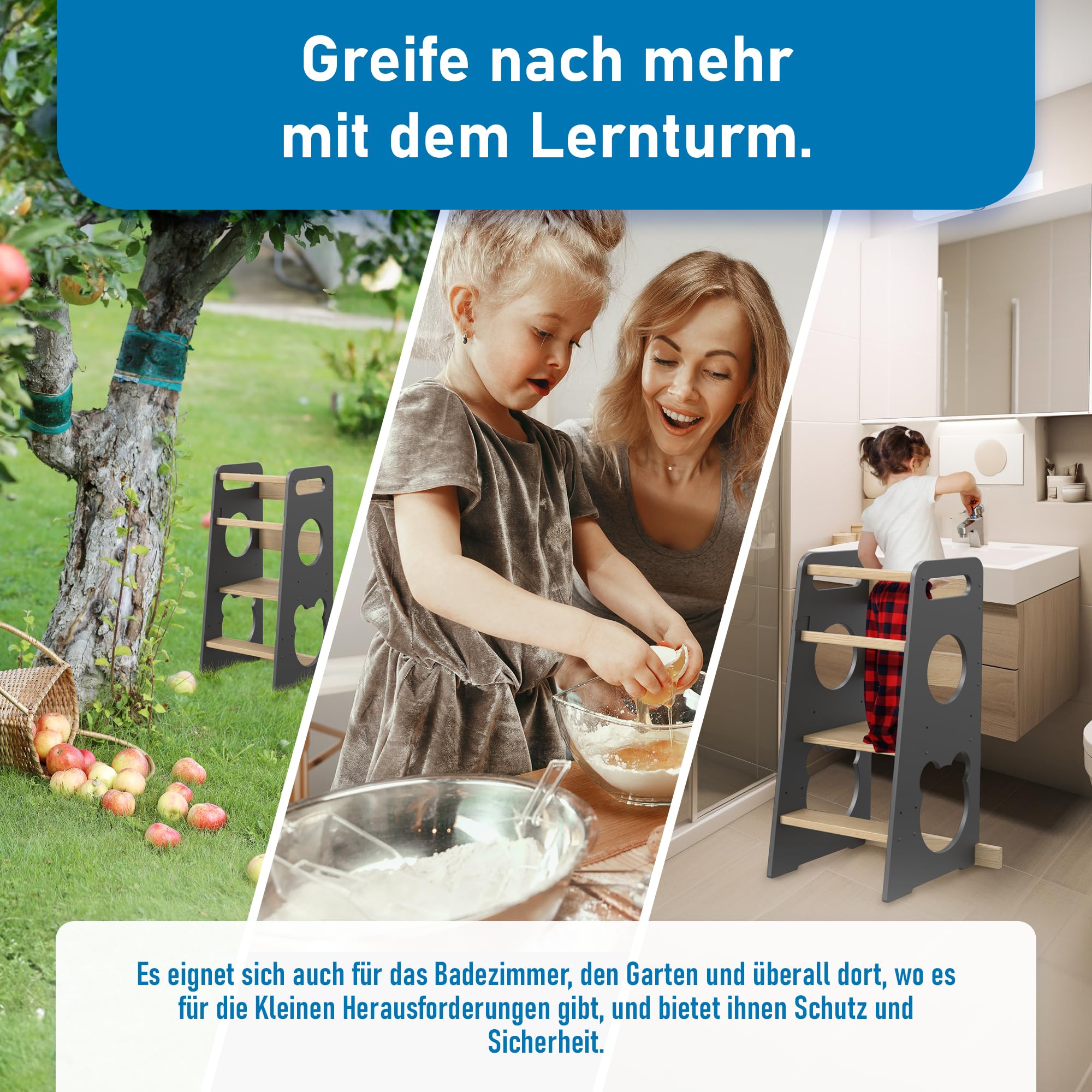 Lernturm für Kinder - Stylisch Mit Kippschutz und Höhenverstellbar - Montessori Küchenhelfer und Learning Tower | Ab 1 Jahr | Little Helper