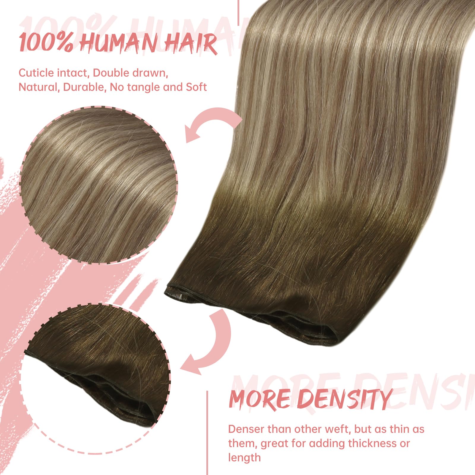 Fshine Weft Hair Extensions Human Hair Dark Brown to Ash Brown Highlight Medium Blonde Weft Hair Extensions Sew in 22 Inch Straight Human Hair Extensions 60g - Image 2