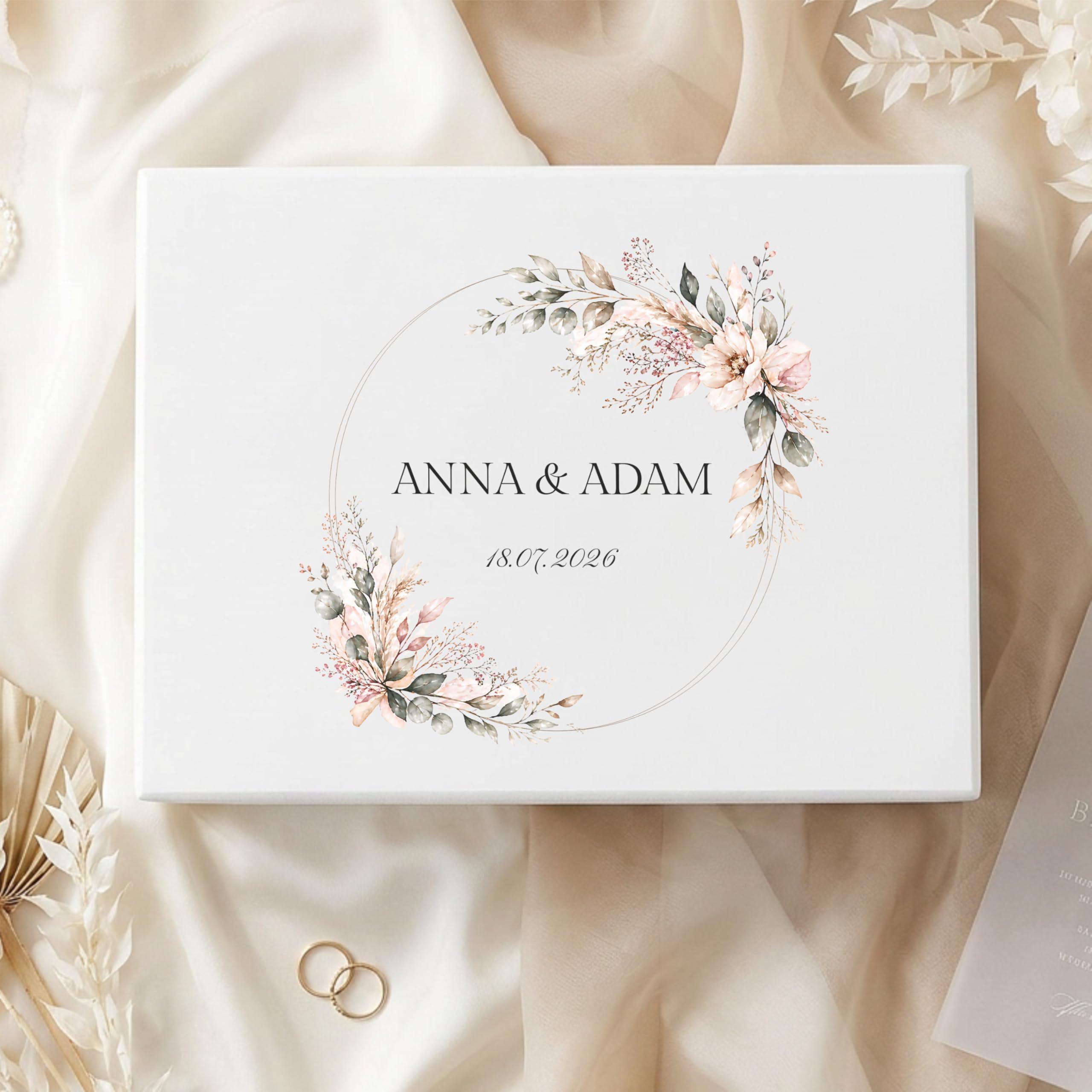 Creative DECO Personalizada Caja de Regalos Originales para los Novios Boda | Regalo Blanca | Caja Madera de Recuerdos Especiales | Parejas Aniversario Matrimonio | Motivo Corona y Flores Nombres Fecha