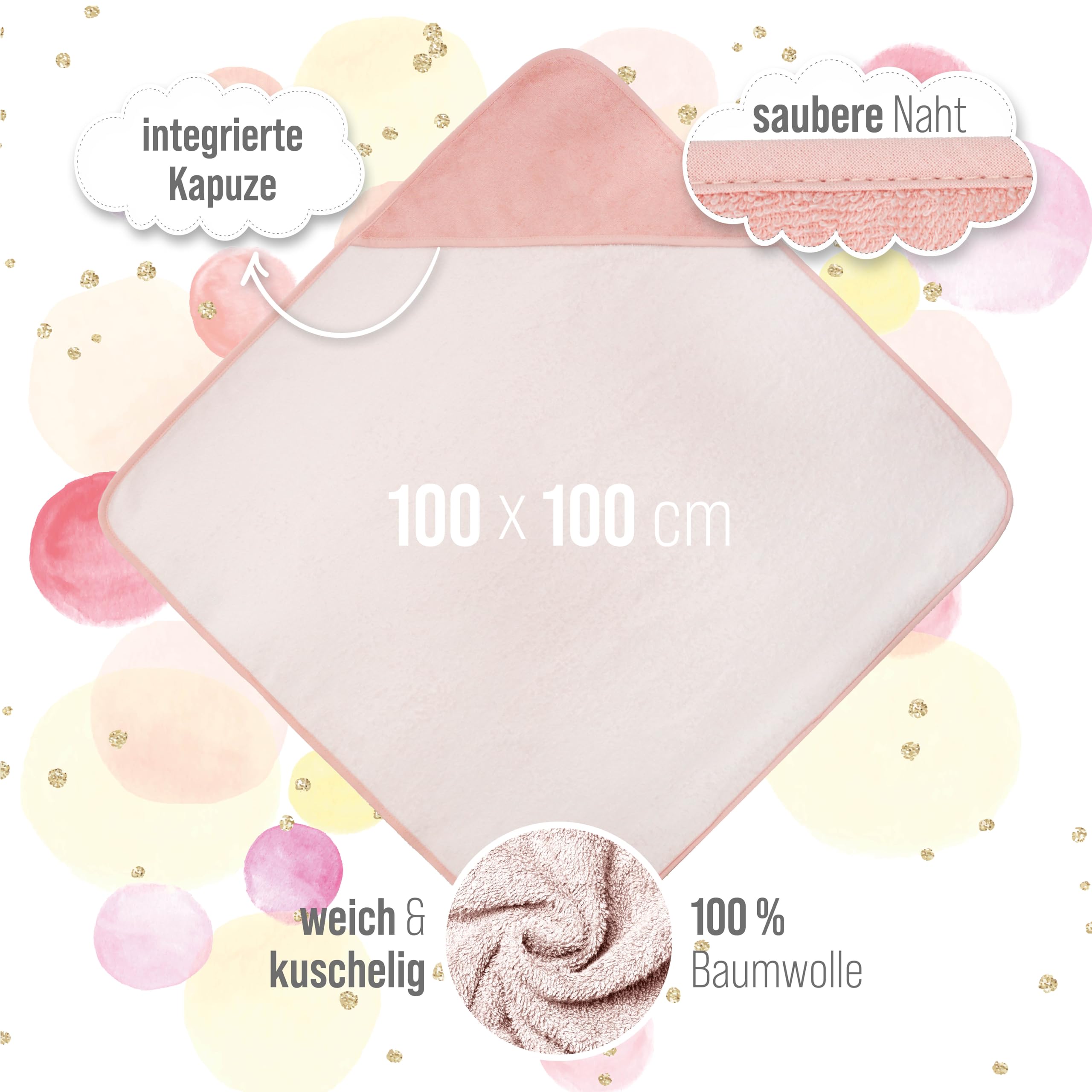Kapuzenhandtuch Baby mit Namen Bestickt, Oeko-TEX® Standard 100 - Personalisiertes Babyhandtuch mit Kapuze aus Reiner Baumwolle mit gesticktem Namen und Motiv (Rosa, 100 x 100 cm)
