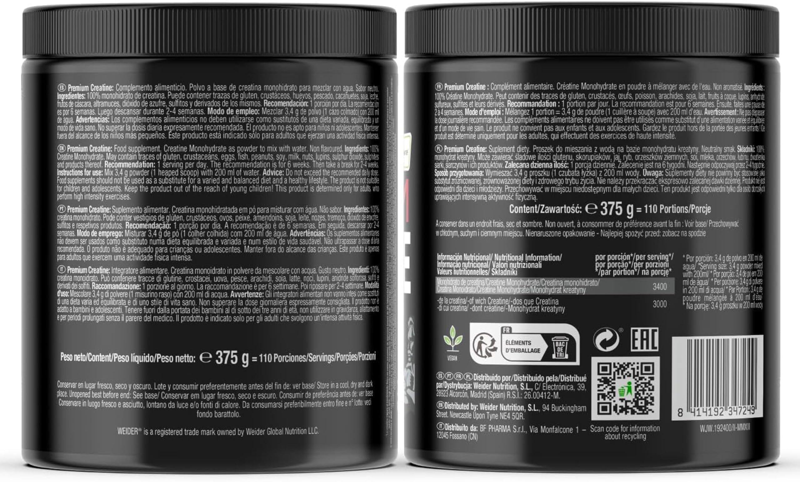 Kreatyna Weider Premium Creatine 375 g, 100% Monohydrat Kreatyny Creapure, Bez Cukru, Wegańska, Wspiera Wydolność Fizyczną, Smak Neutralny