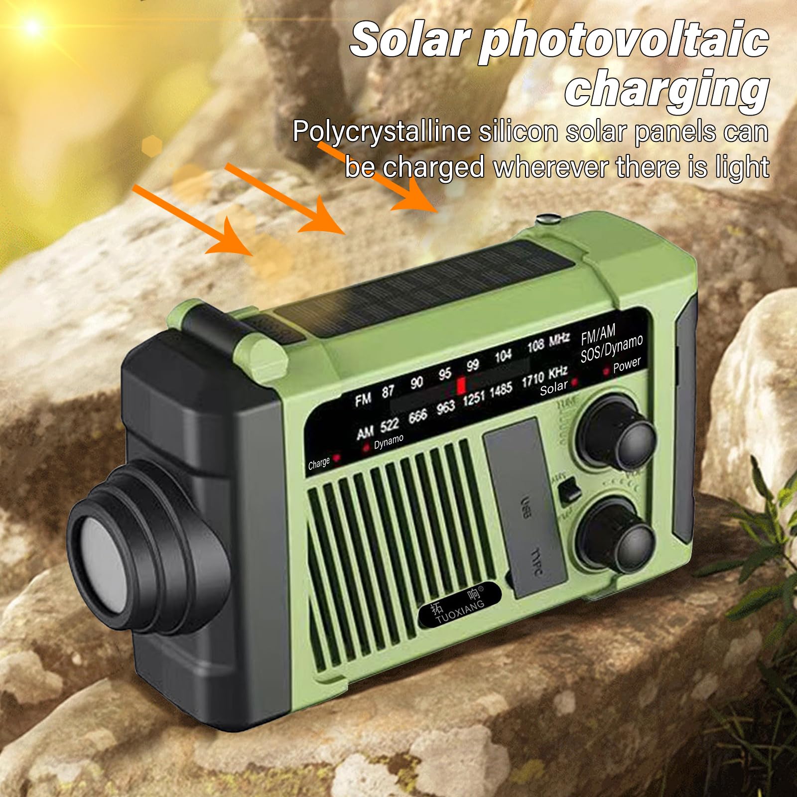Radio korbowe, 1800 MA, radio awaryjne, solarne radio z korbą, do użytku na zewnątrz, na kemping, w sytuacjach awaryjnych, SOS, wytwarzanie prądu za pomocą korbki ręcznej, zielone (160 x 96 x 56 mm)