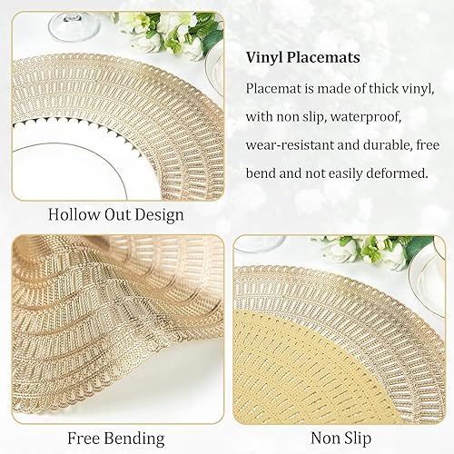 Miniatura 5 de Evevda Juego de 6 manteles individuales redondos metálicos dorados de vinilo para mesa de comedor, para el hogar, cocina, comidas diarias,