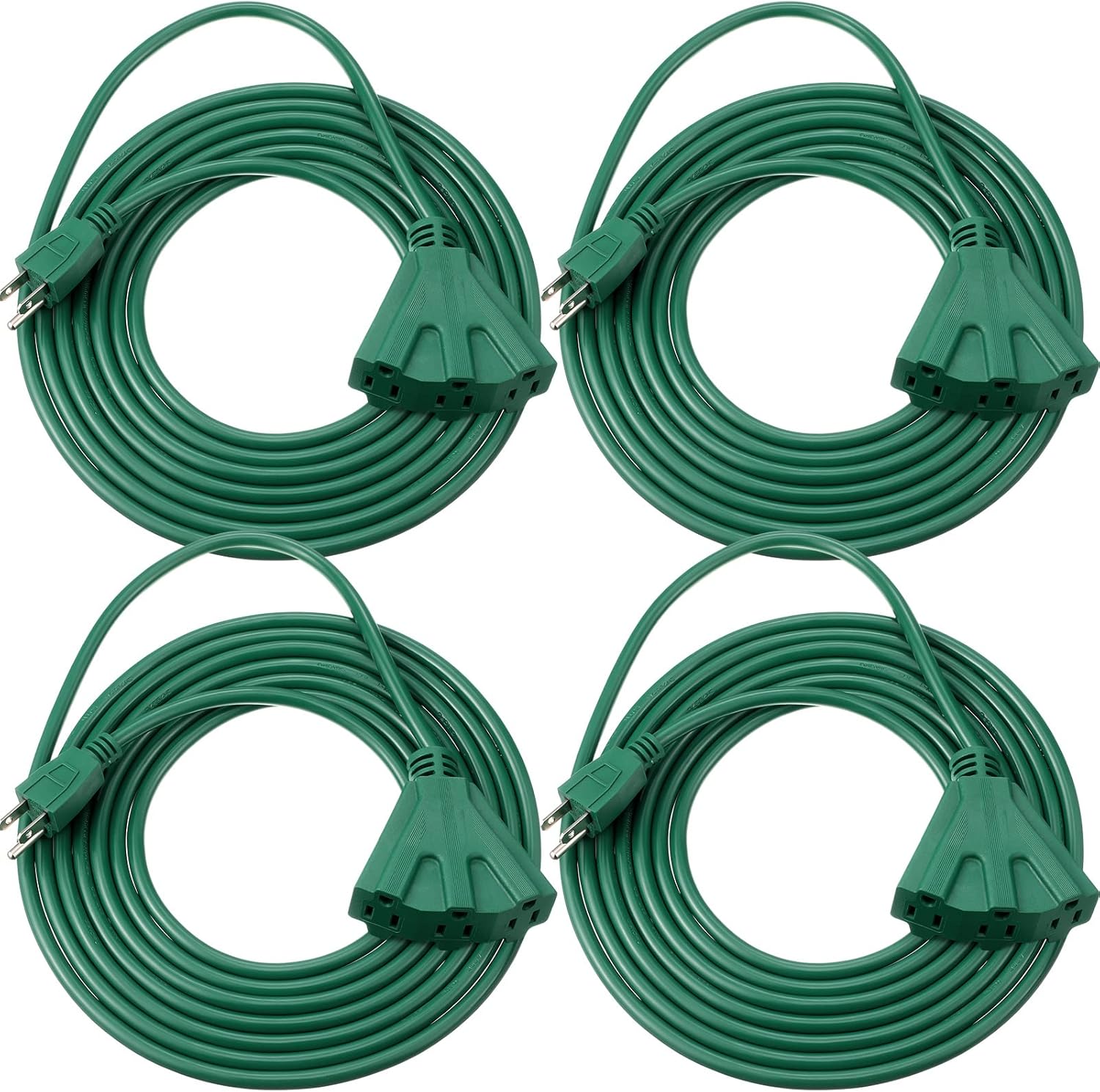 4 Pack 15 FT Green Outdoor Tri Tap Extension Cord Splitter