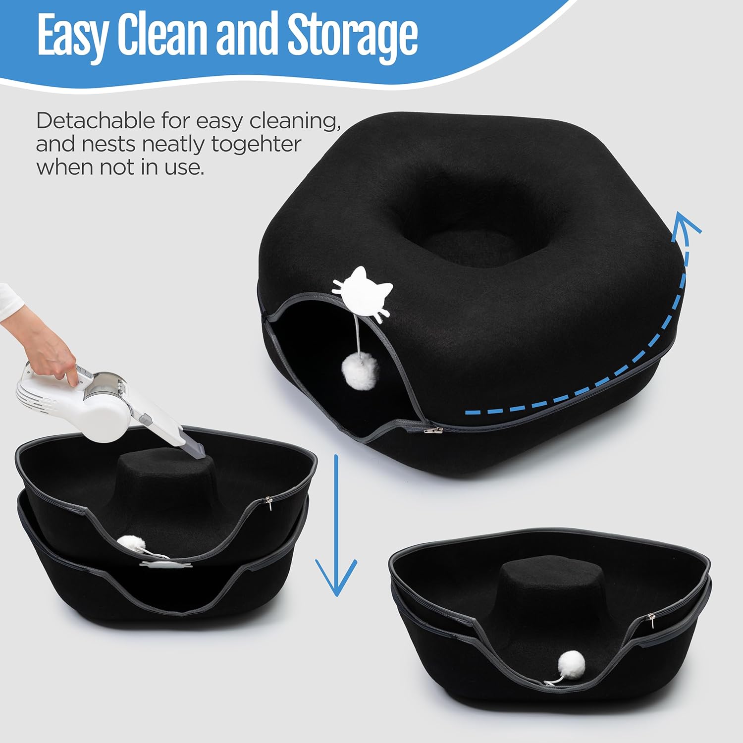 Large Cat Cave Bed for Indoor Cats, Cat Donut Tunnel Bed with Peekaboo Hideaway, Hanging Toy Ball & 3 Play Balls, Felt Cat Cave Bed for Multiple & Large Cats to 30lbs, Detachable Washable Meow Mansion