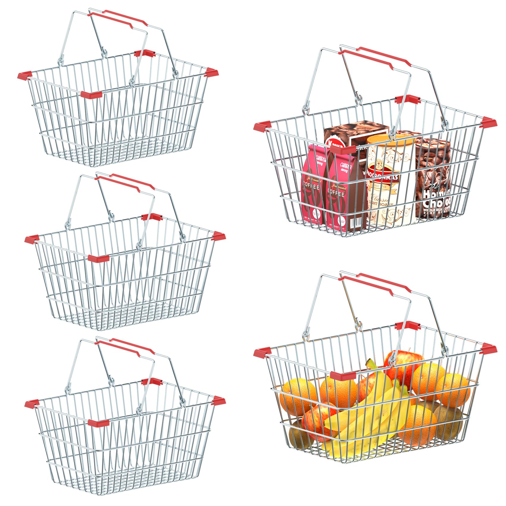 Cestini in filo metallico per organizzare grandi cestini impilabili in filo metallico per dispensa, cesto portabiancheria in filo metallico, scaffale per verdure per cucina con manico (5 pezzi)
