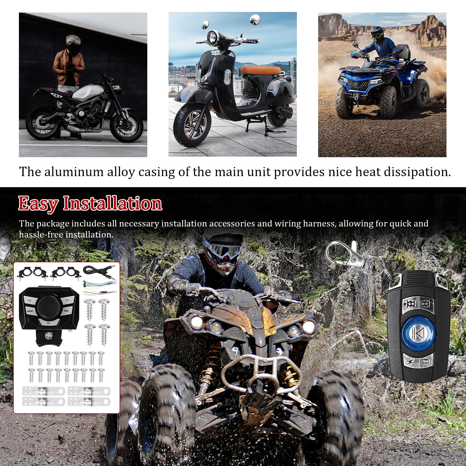 Fyearfly BT Alarma 4 x 25 W 4 canales estéreo 12 V para motocicleta ATV