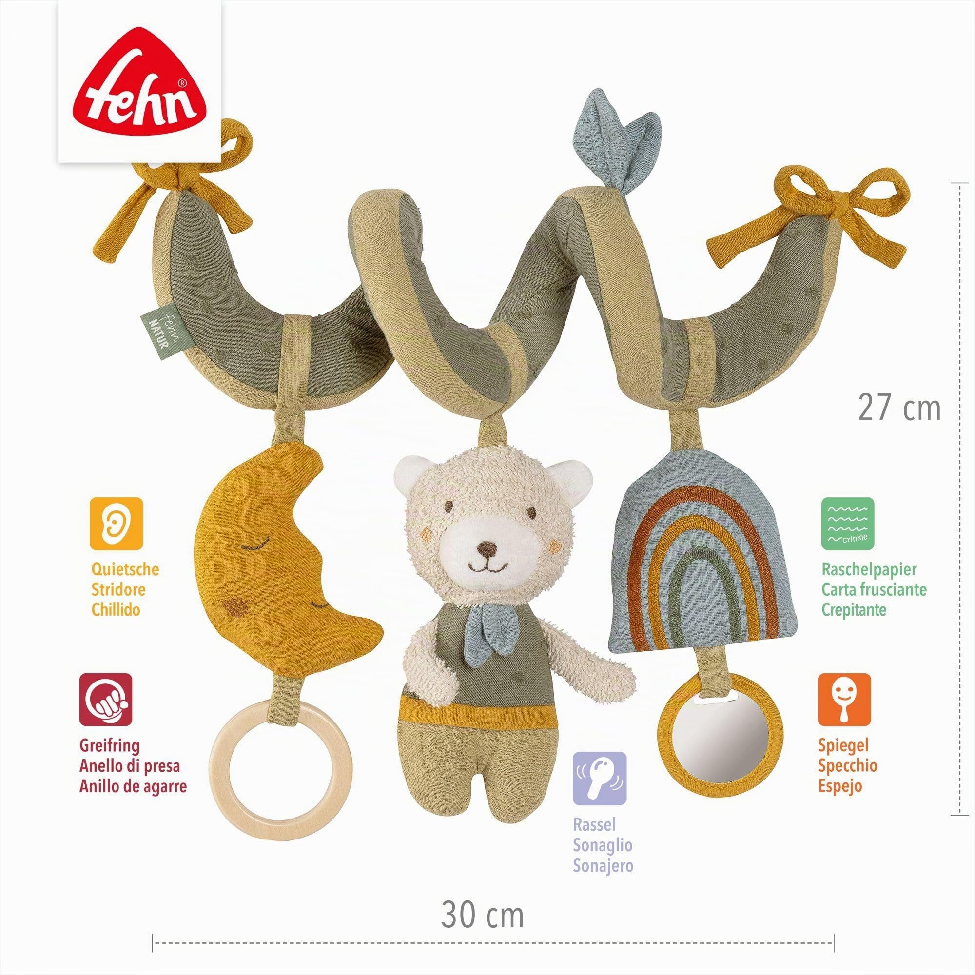 Fehn Activity Spirale Bär – Kinderwagen Spielzeug zum Fühlen und Greifen – Babyspielzeug für Bett, Laufstall, Babyschale und Autositz – Motorikspielzeug für Babys und Kleinkinder ab 0+ Monaten