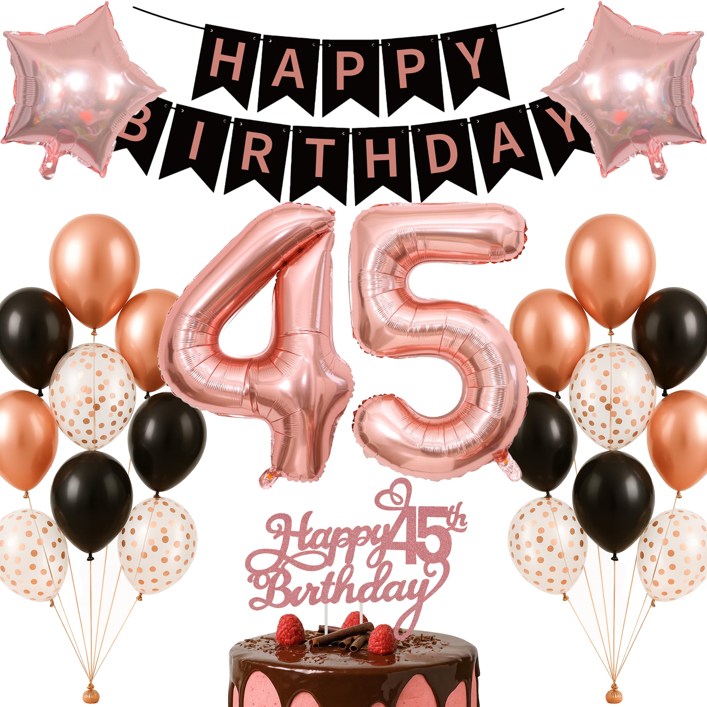45th Birthday Decorations Set Rose Gold Black Theme Happy Birthday Banner Balloon Decor Photo Backdrop for Women Men Adults Turning 45 Age 45 Milestone Age Party Supplies Celebration Decor Bunting Set