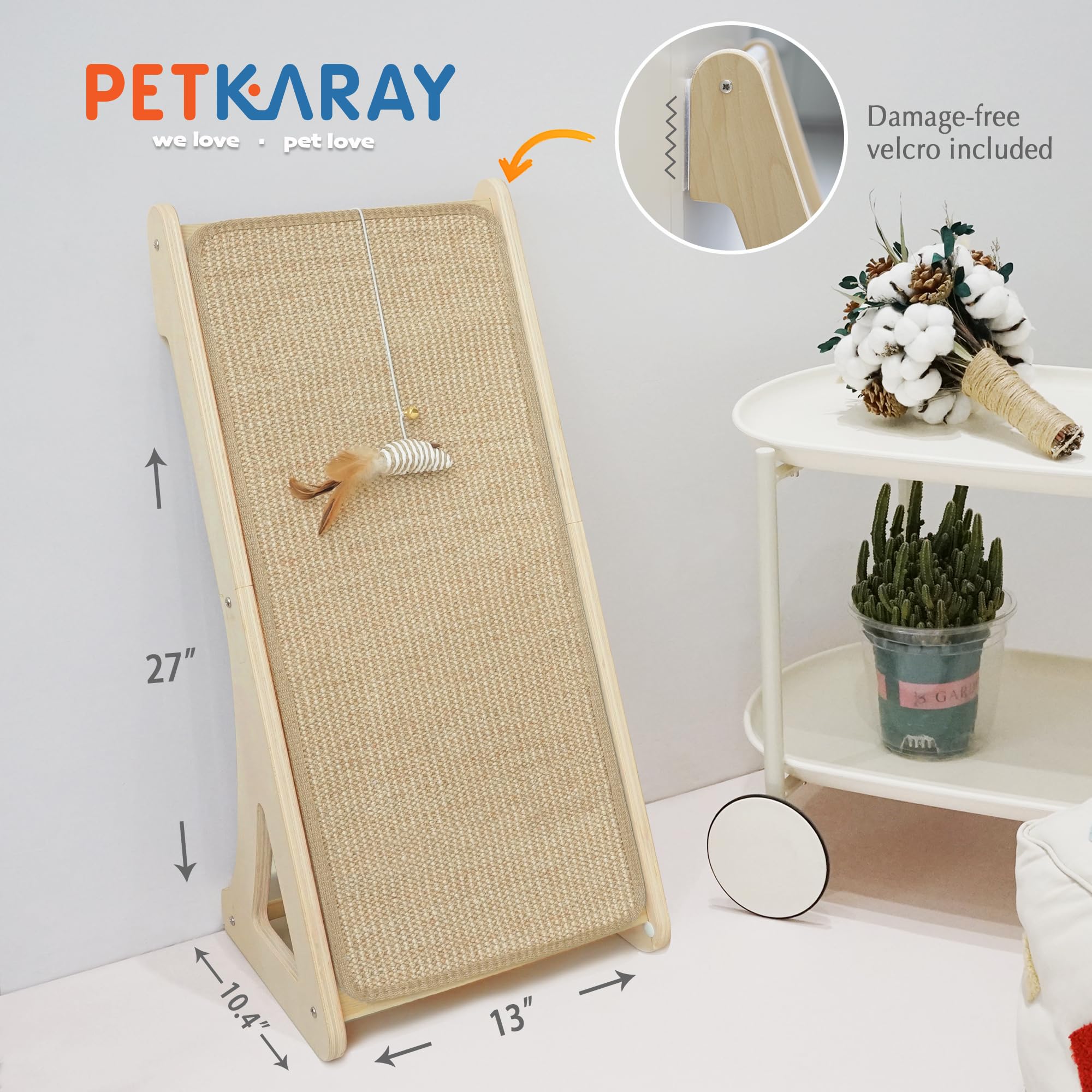 PETKARAY Tiragraffi per Gatti, Rampa Tiragraffi in Sisal per Gatti, Tiragraffi a Forma di L per Gatti da Interno, Protezione per Mobili da Parete da 27" con Giocattolo per Topi