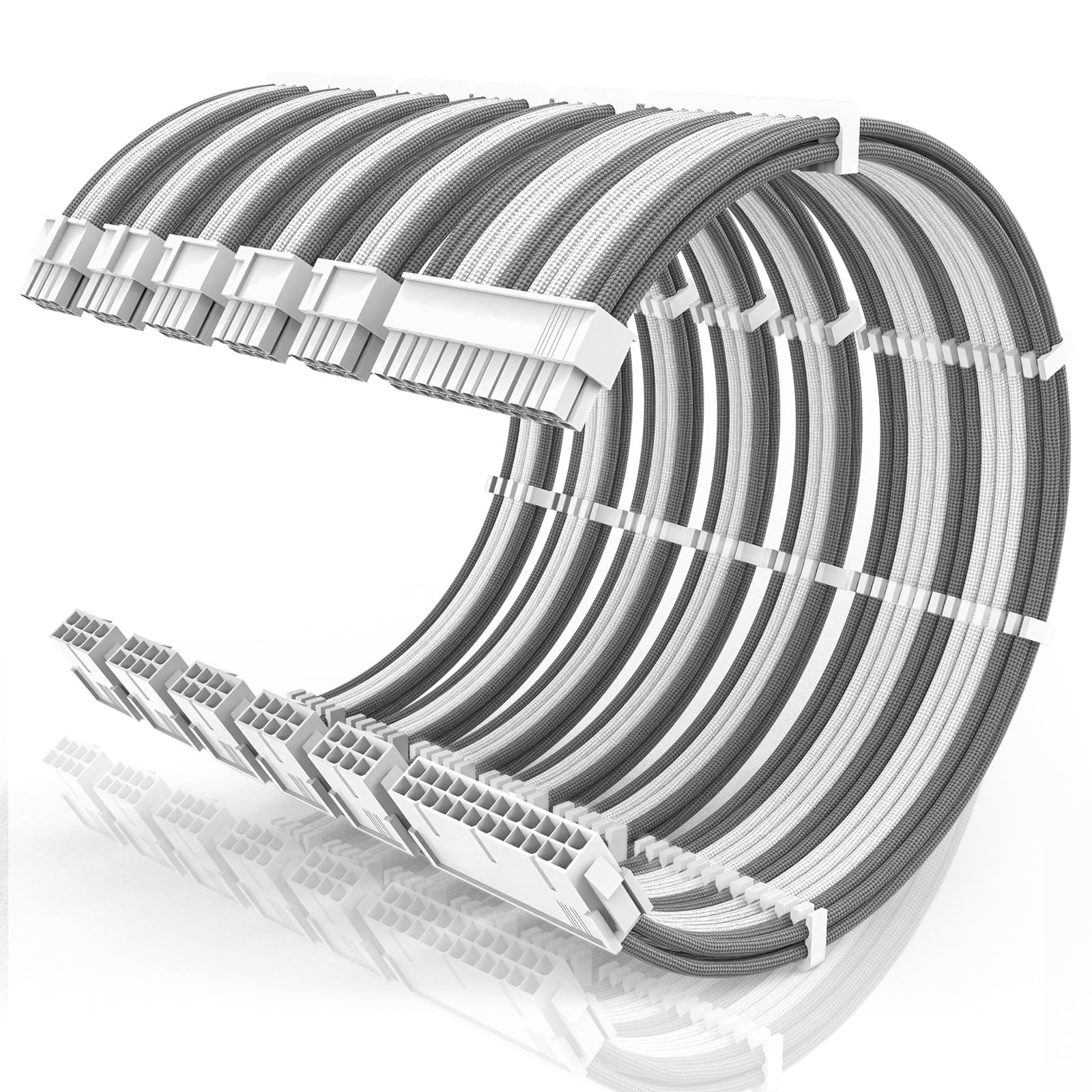 16AWG PSU Cable Extension Kit with Cable Combs,1x24pin ATX/2x8pin(4+4) EPS/3x8pin(6+2) PC Sleeved Cables 30cm Length,Power Supply Extension Cable Kit(White/Gray) 6-PACK White/Gray