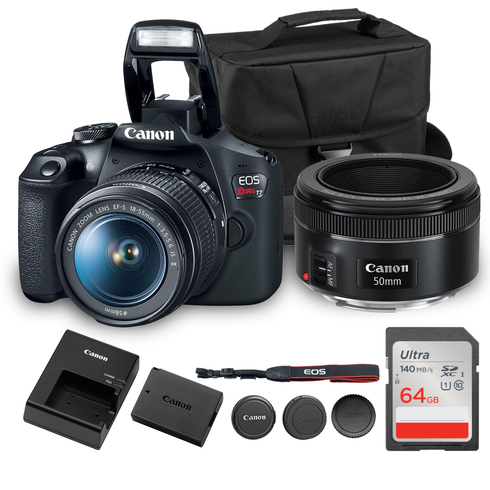 Canon EOS Rebel T7 DSLR Camera Kit | 24.1MP APS-C Sensor with EF-S 18-55mm Lens | Full HD 1080p Video Compact Beginner-Friendly Photography (2727C002) + Canon 50mm Lens + Bag + 64GB Card