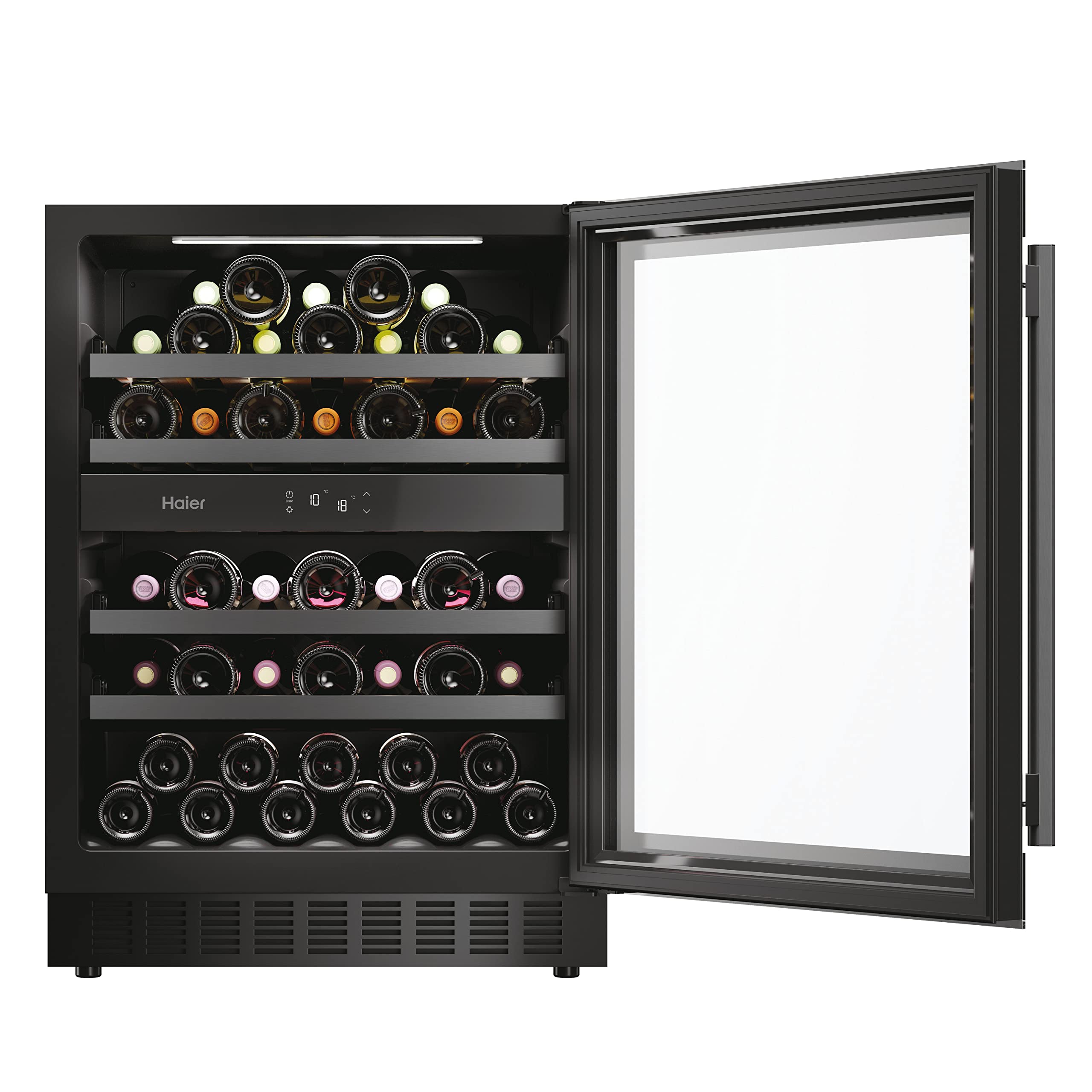 Haier Wine Bank 60 Series 6 HAKWBD 60 Vinoteca de integración de 44 botellas, 2 Zonas, Estantes de madera, Filtro Anti-UV, Refrigeración por Compresor, Display Digital, Iluminación LED, 38 dbA Negra
