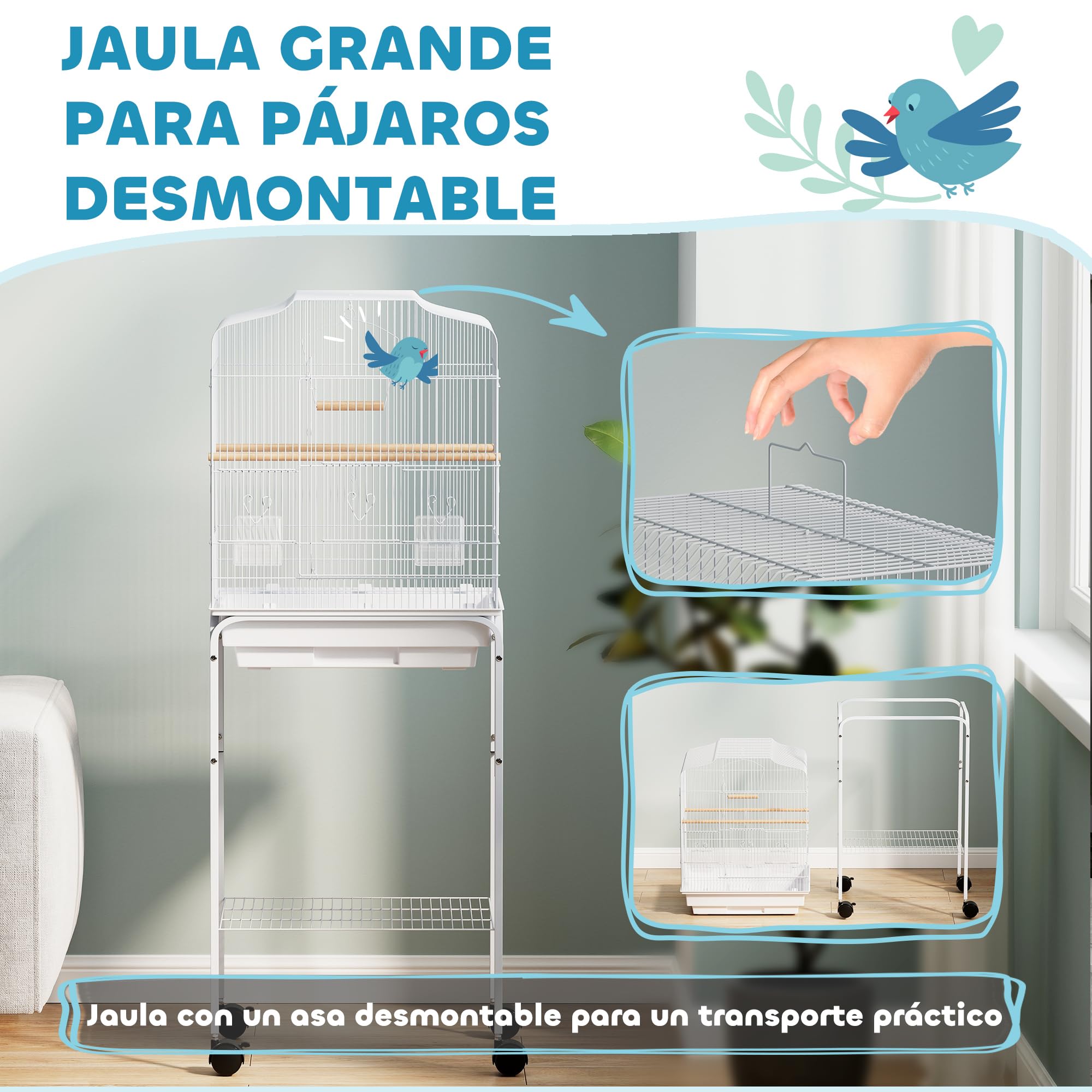 PawHut Gabbia per pappagalli con supporto a ruote Bianco 46,5x36x124 cm | Gabbie per Budgie, per Fringuello e Canarino, Vassoio estraibile, Ripiano porta accessori