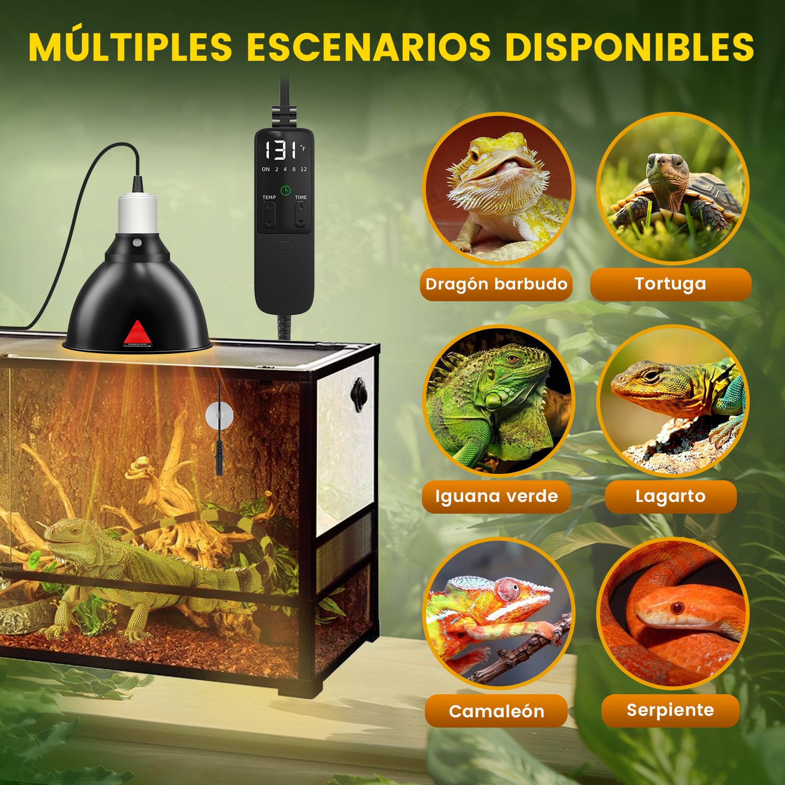 GlowUp Terrario Reptiles Lámpara para Tortuga con Termostato y Temporizador, E27 Lámpara de Reptiles y Anfibios Reptile Dome de 300W para Tortugas, Lagartos y Dragones Barbudos (Bombilla no Incluida)