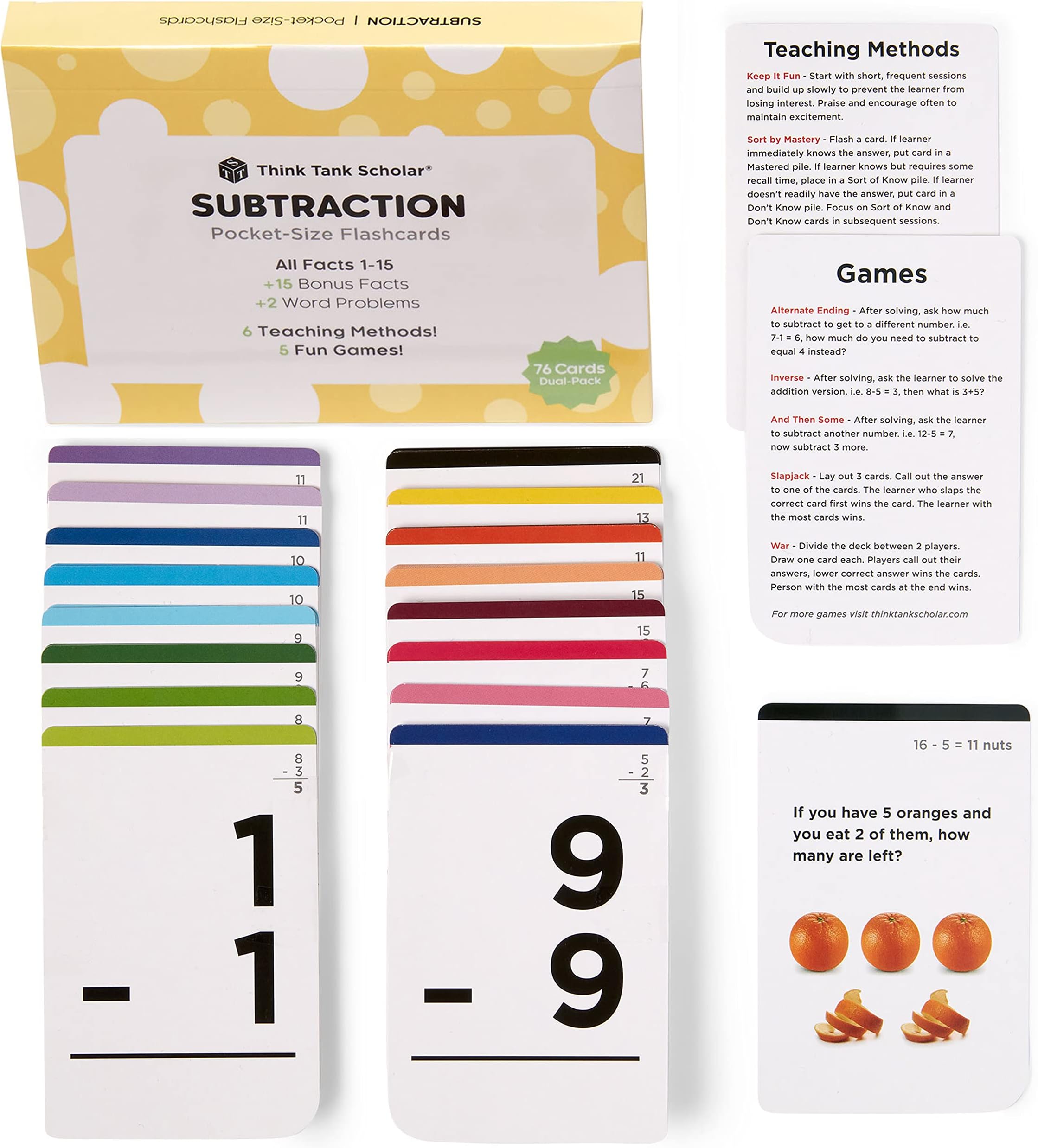 Think Tank Scholar Subtraction Flash Cards - 150 Facts 1-12 - (Award Winning) Math Flashcards for Kids Ages 4-8 in Kindergarten, 1st, 2nd, 3rd, 4th Grade & Homeschool - 6 Teaching Methods & 5 Games