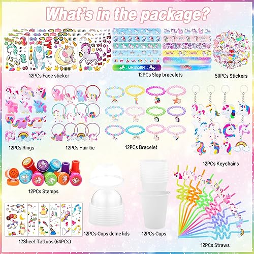 Miniatura 2 de 220 recuerdos de fiesta de unicornio para niños, temática de unicornios, decoración de fiesta de cumpleaños con pulsera, tatuajes para bolsas de