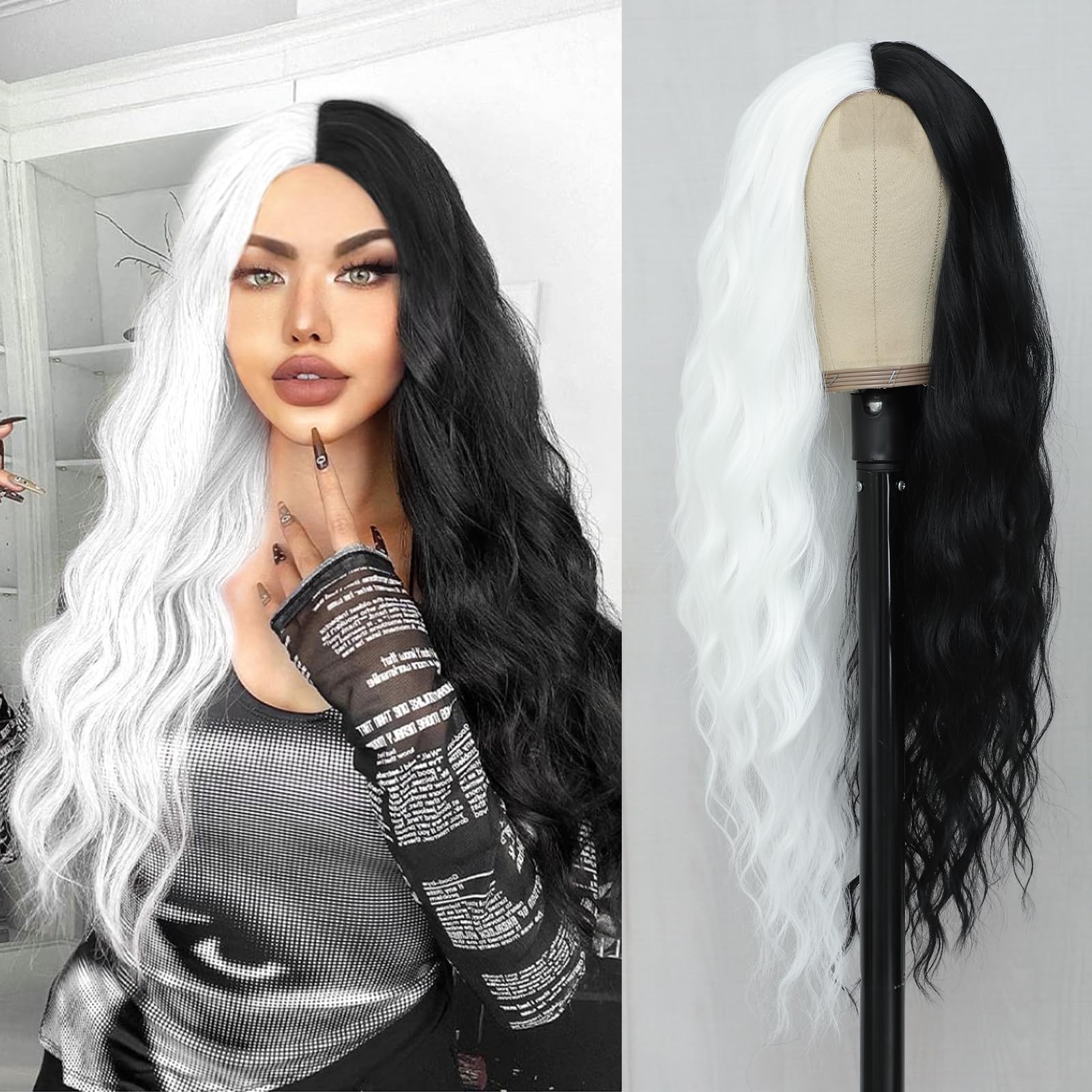 BUPPLER Cosplay Long BlackWhite Wig 28 Inch Middle Part Synthetic Wig Realistic Gifts Party Wigs for Women Daily Use Colorful Wigs (BlackWhite)