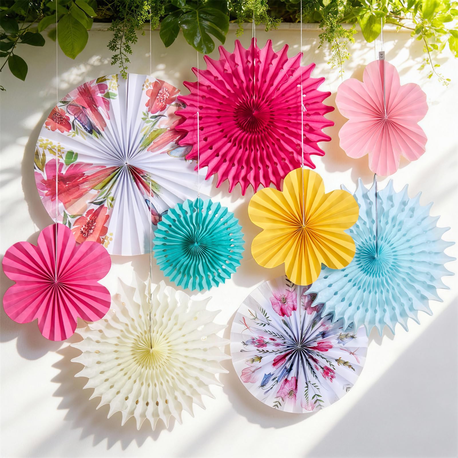 EASY JOY 9 stuks pastel papieren waaiers, decoratie, papieren bloemen om op te hangen, papieren verjaardagskrans, feestdecoratieset voor bruiloft