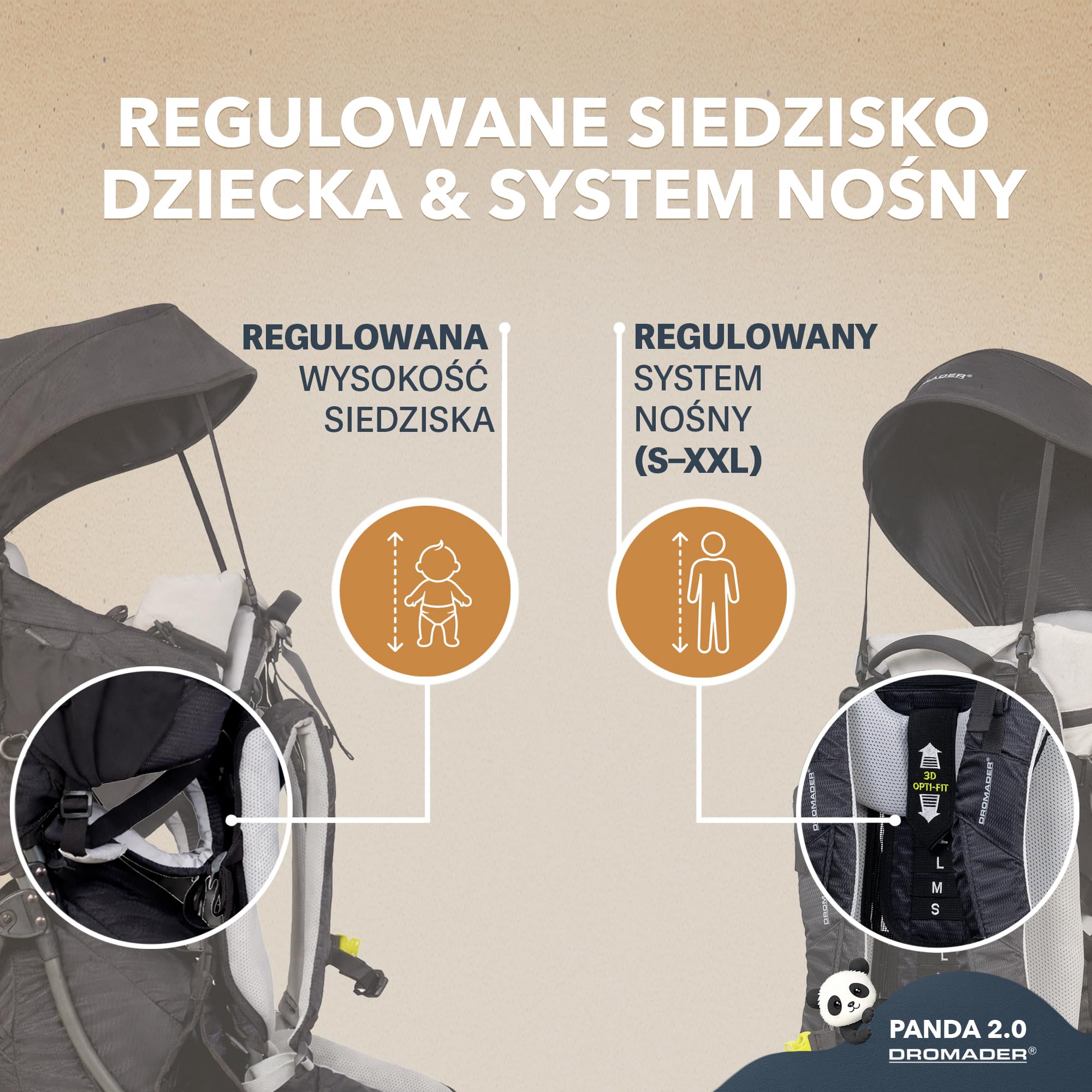 Dromader Nosidełko Turystyczne dla dzieci do 18kg - Regulowane Siedzisko z Poduszką do Spania - Chowany Daszek Przeciwsłoneczny - System Nośny Odciążający Kręgosłup - Kieszeń Termiczna – Panda Black