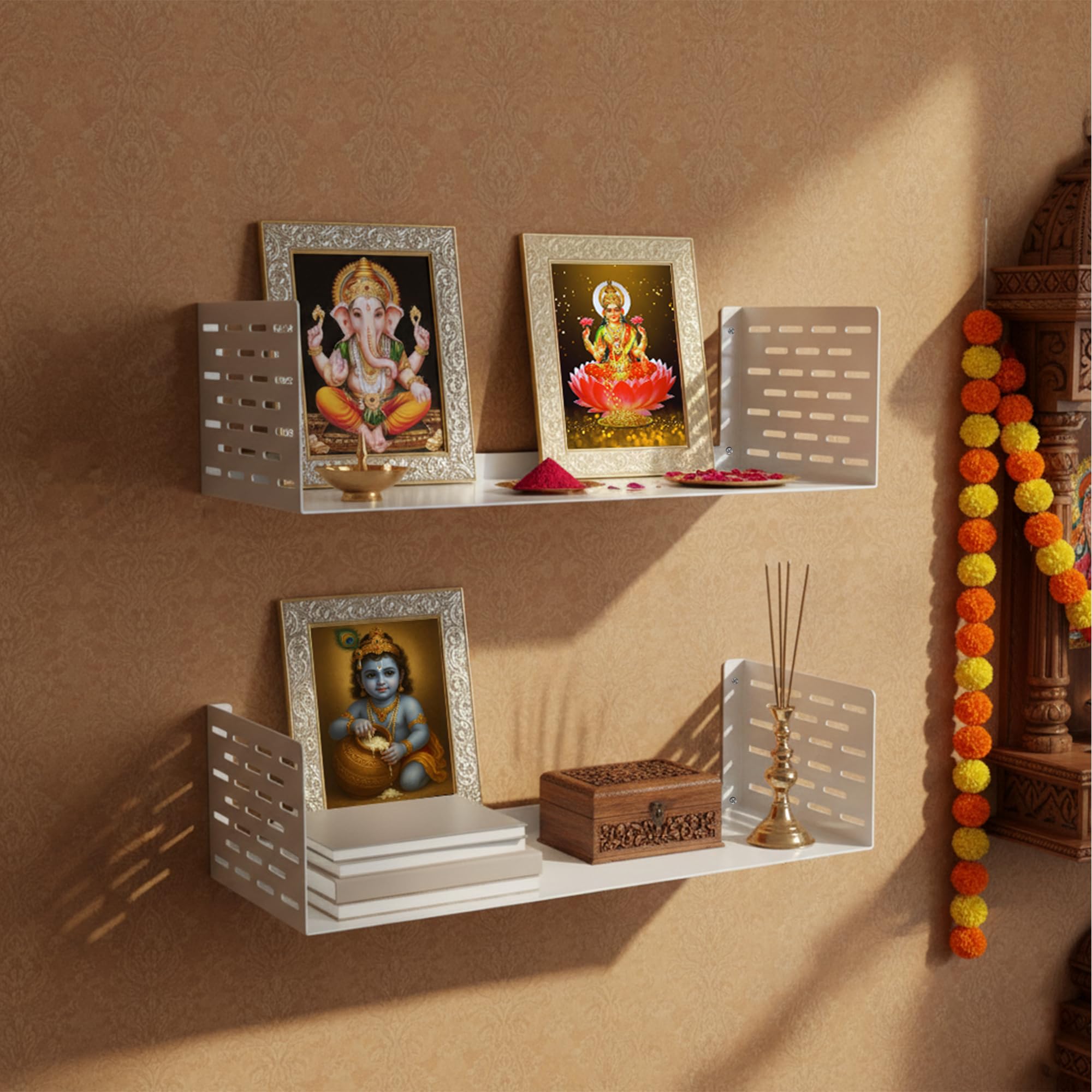 Djuize Metal Shelf|Wall Mountable|Pooja Storage|Almari |Puja Shelf|Wall Mounted Pooja Organizer|Wall Décor| Pooja Stand|Compact Puja for Home Temple-U Shape(L) (2, White)-image-43