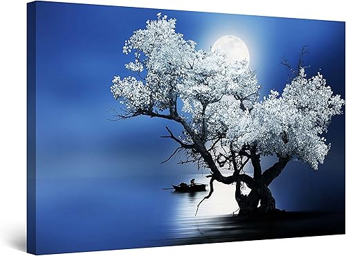 Startonight Lienzo decorativo para pared, árbol de flores y luna, pintura azul para sala de estar, 32 x 48 pulgadas