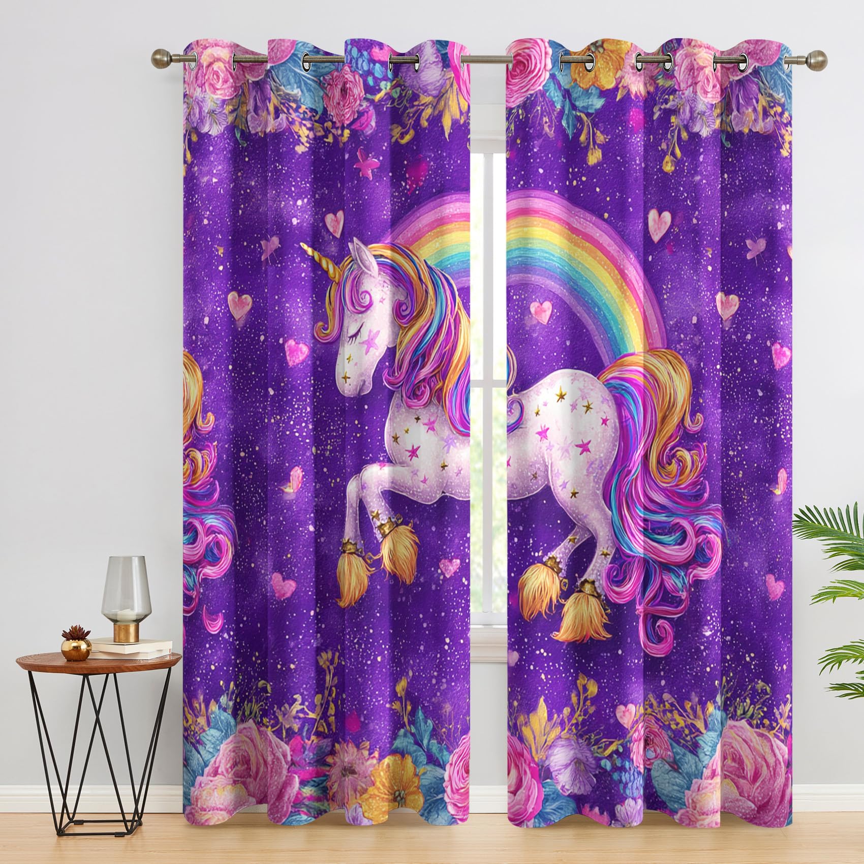 Générique Rideau Occultant Licorne, Lot de 2 Rideaux Occultant Thermique Isolant à Oeillets, Motif Enfants Filles Arcs-en-Ciel, Decoration Chambre Salon Fenetre, 140 L x 260 H (A-919)