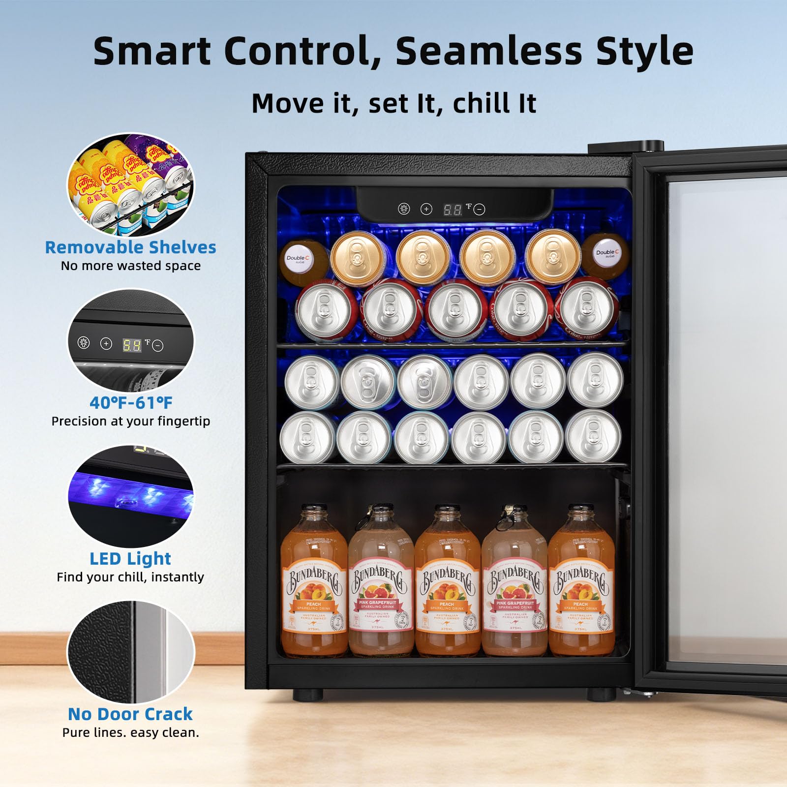 Antarctic Star 1.7 Cu.Ft Beverage Refrigerator 68 Can Or 16 Bottle Capacity With Seamless Glass Door, Digital Control & Quiet Compressor, Freestanding Mini Fridge For Bar, Kitchen, Office - Silver on Fridge.com - View 3