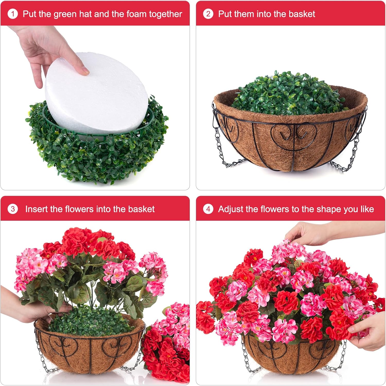 INSPRING Geraniums Artificial Flowers Hanging Basket for Outdoors Outside Spring Decoration, 8 Bundles Silk Flowers Fake Plants Look Real UV Resistant for Porch Home Patio Balcony Yard, Red Pink