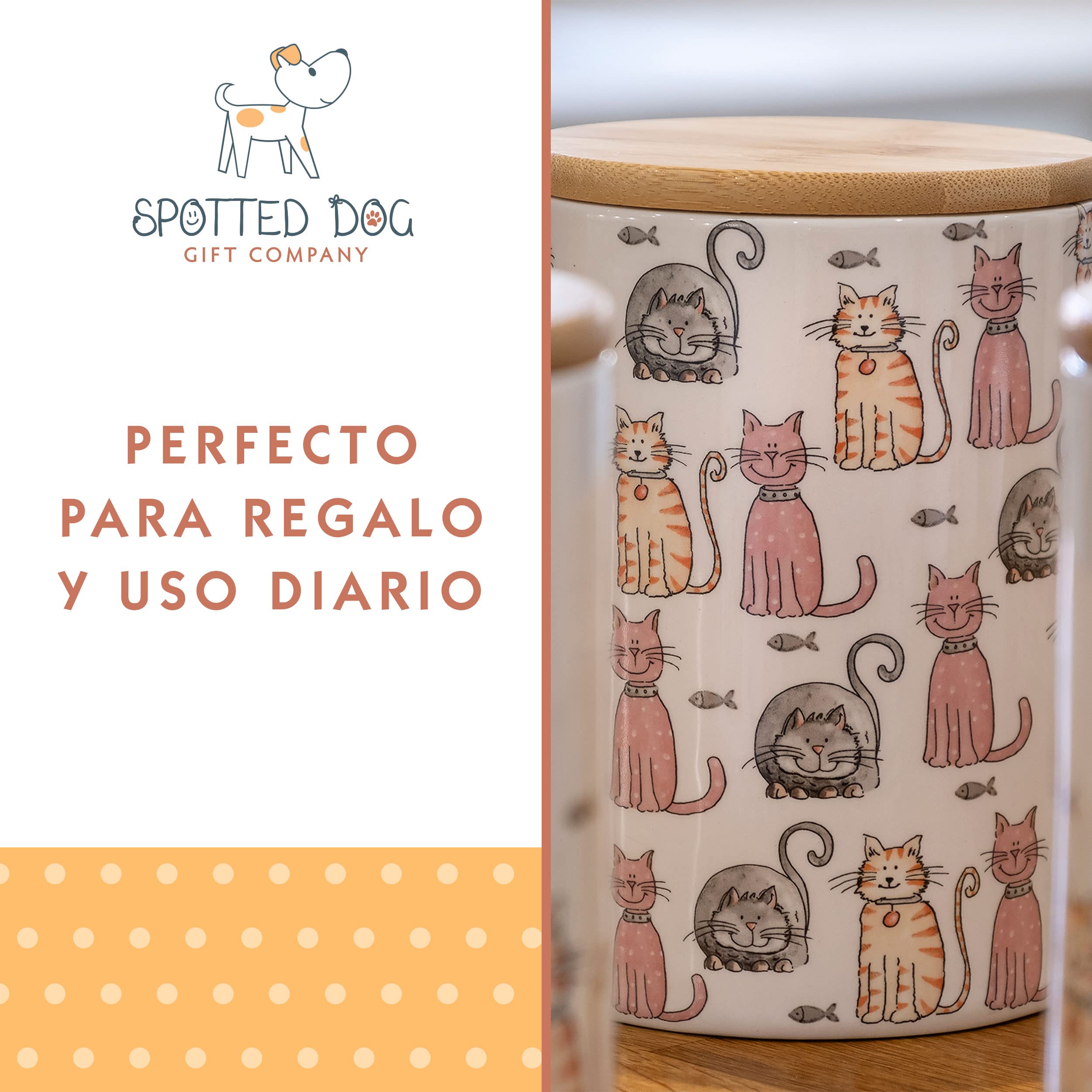 SPOTTED DOG GIFT COMPANY Juego de 3 Botes Cocina Almacenaje de Cerámica con Estampado de Gatos Lindos, Recipientes Herméticos para Alimentos con Tapa, Regalos para Amantes de los Gatos