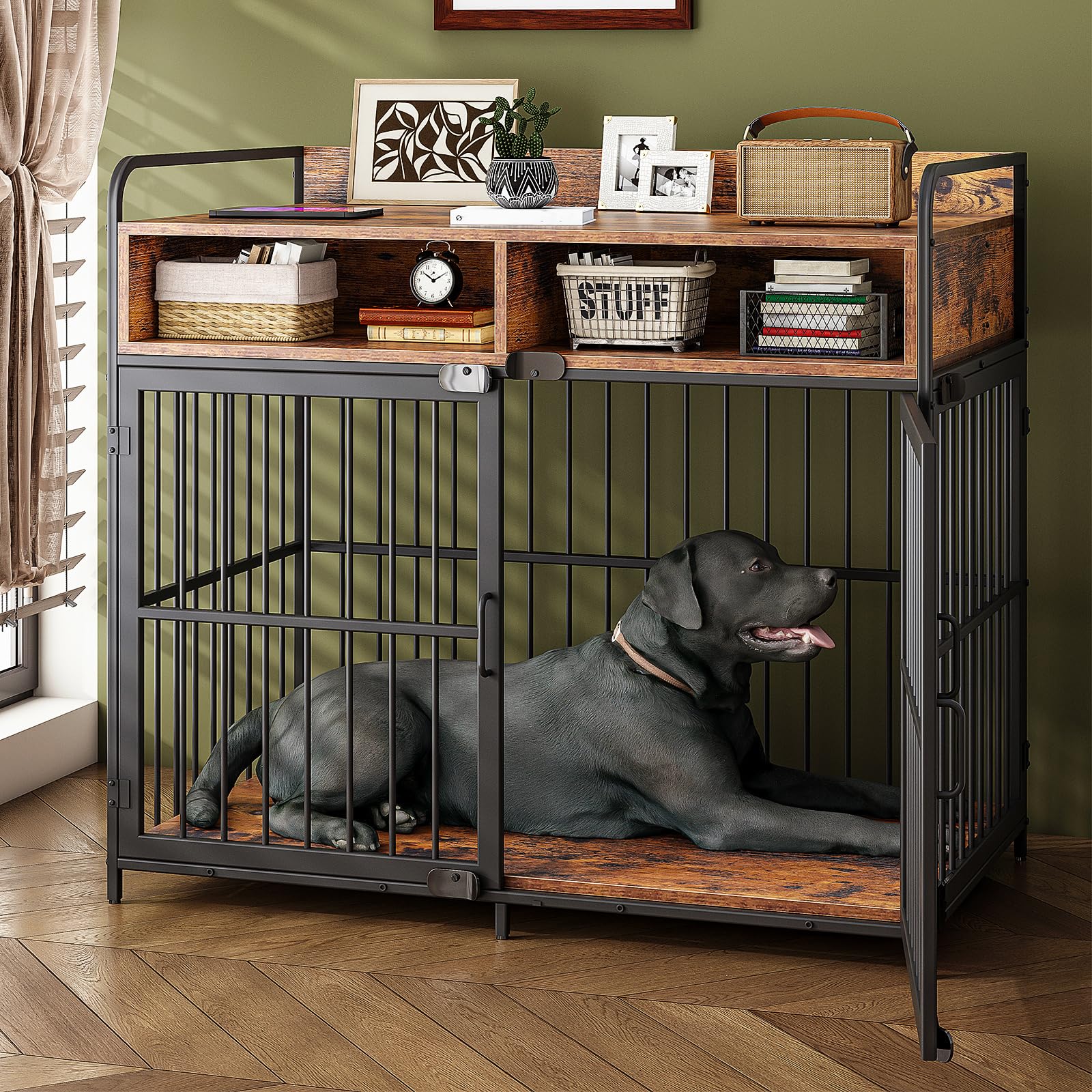 Jehiatek Dog ​​Crate Furniture,103cm 3-Door Wooden Dog Crate with Storage Drawers for Medium-to-Large Dogs,Indoor Dogs Kennel,Heavy Duty Metal Dog Cage Table,103 L×60 W×85 H cm,Rustic Oak Brown