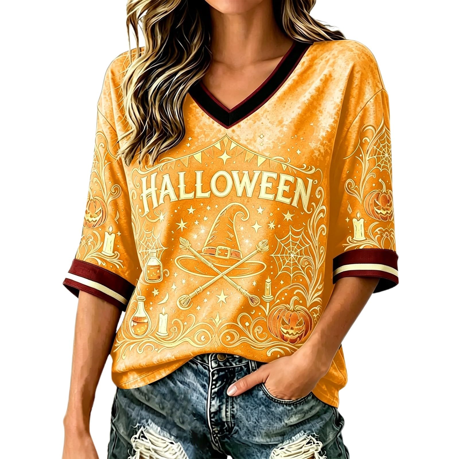 Salem Broom Co Halloween Shirts Women 3/4 Sleeve Vintage Witch Tops Funny Halloween Costumes Casual V Neck Witch Tee Shirts Novelty Fashion Festival Party Clothes (Z02-Orange, M) — image 1