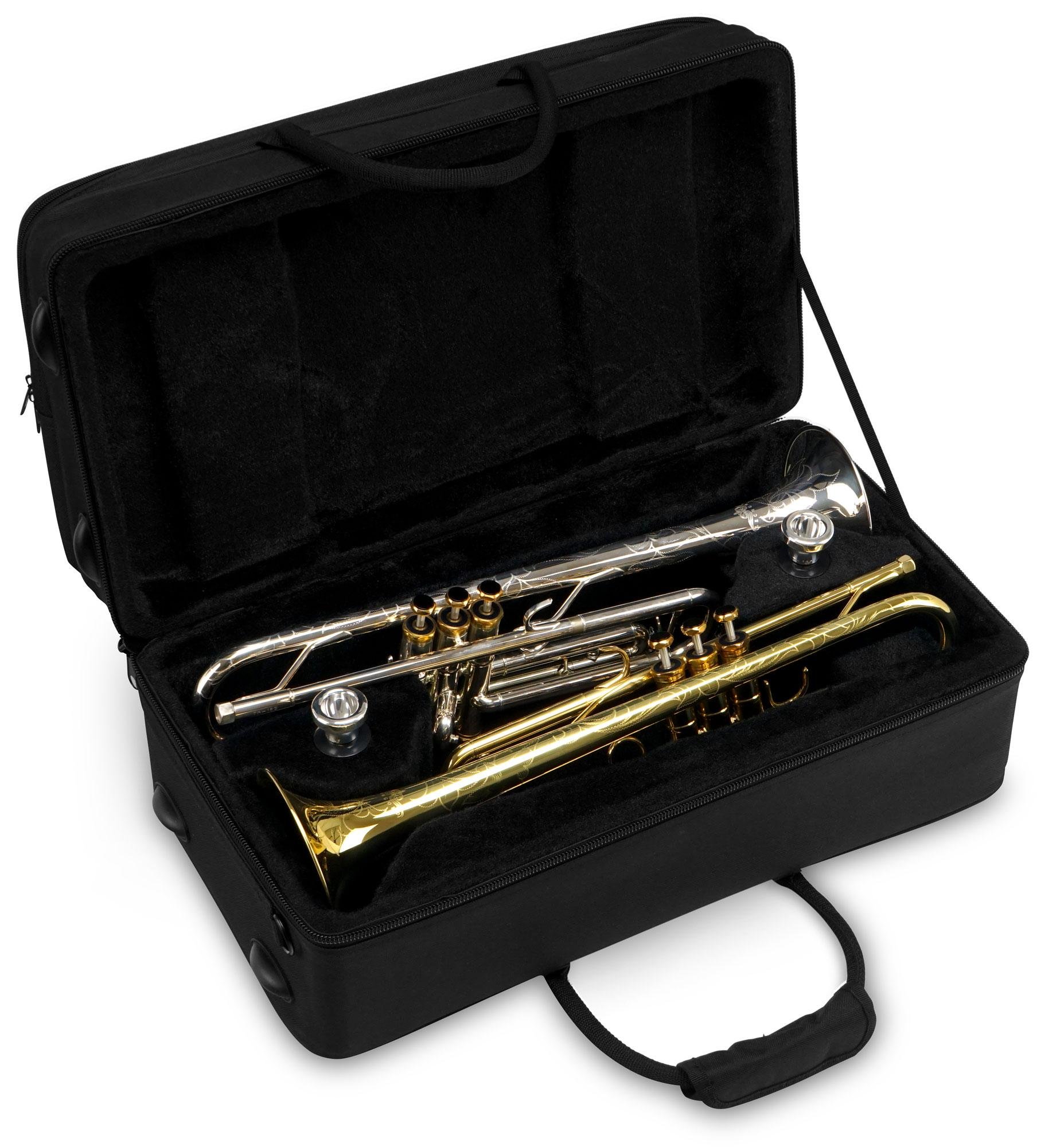 Housse Classic Cantabile TRB-2 pour 2 Trompettes (Étui léger pour trompettes jazz/pistons, grandes poches extérieures, fonction sac à dos) noir