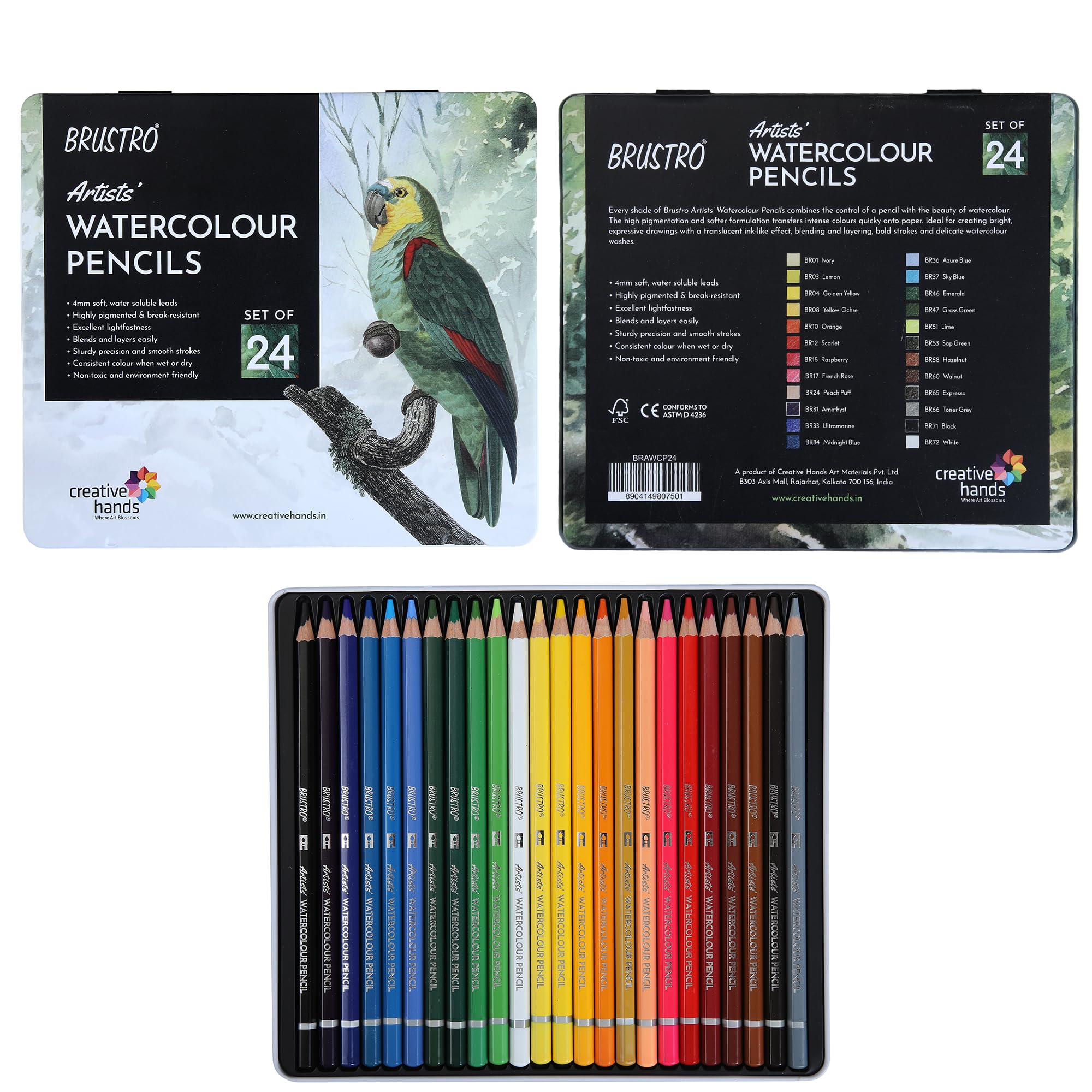 Artists Watercolour Pencil |Set of 24 (in Elegant tin Box)|Ideal for Artists, Students, Drawing,Colouring,Painting on Paper, water soluble, Professional Quality, Break-resistant,Vibrant Colors