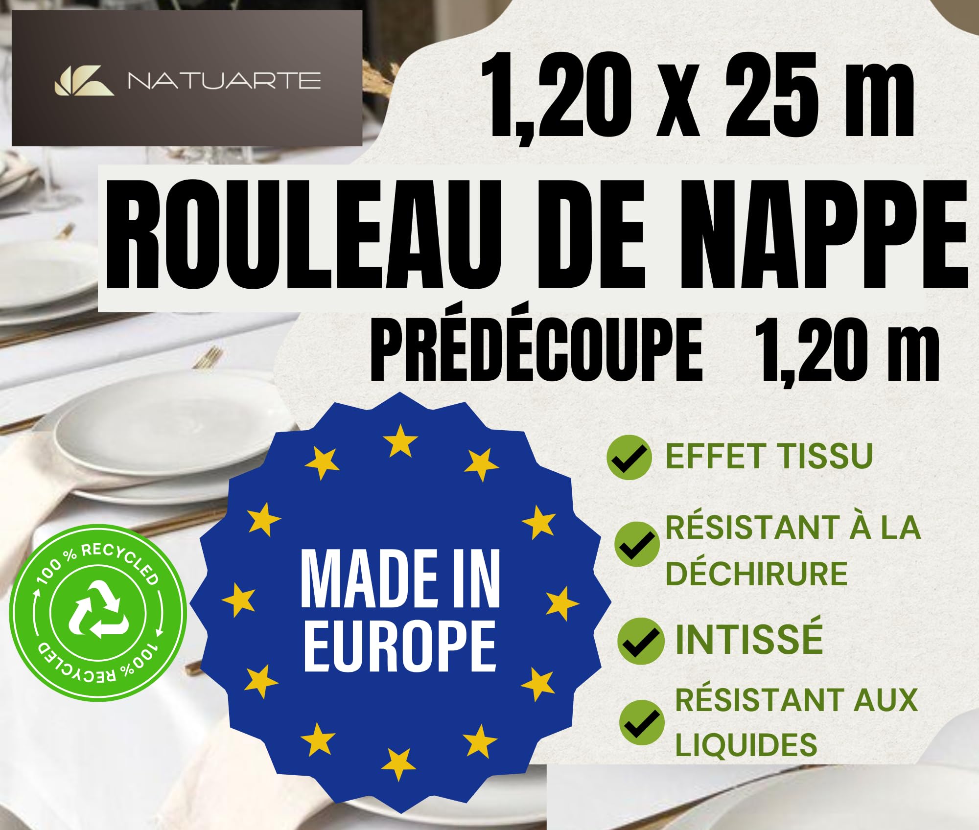 Rouleau de Nappe, 1.18 m x 25 m, Nappe Intissè, PRÉDÉCOUPE Tous Les 1,20m, Jetable, Effet Tissu, Célébrations Anniversaires, Couleur Blanc 1,18x25m