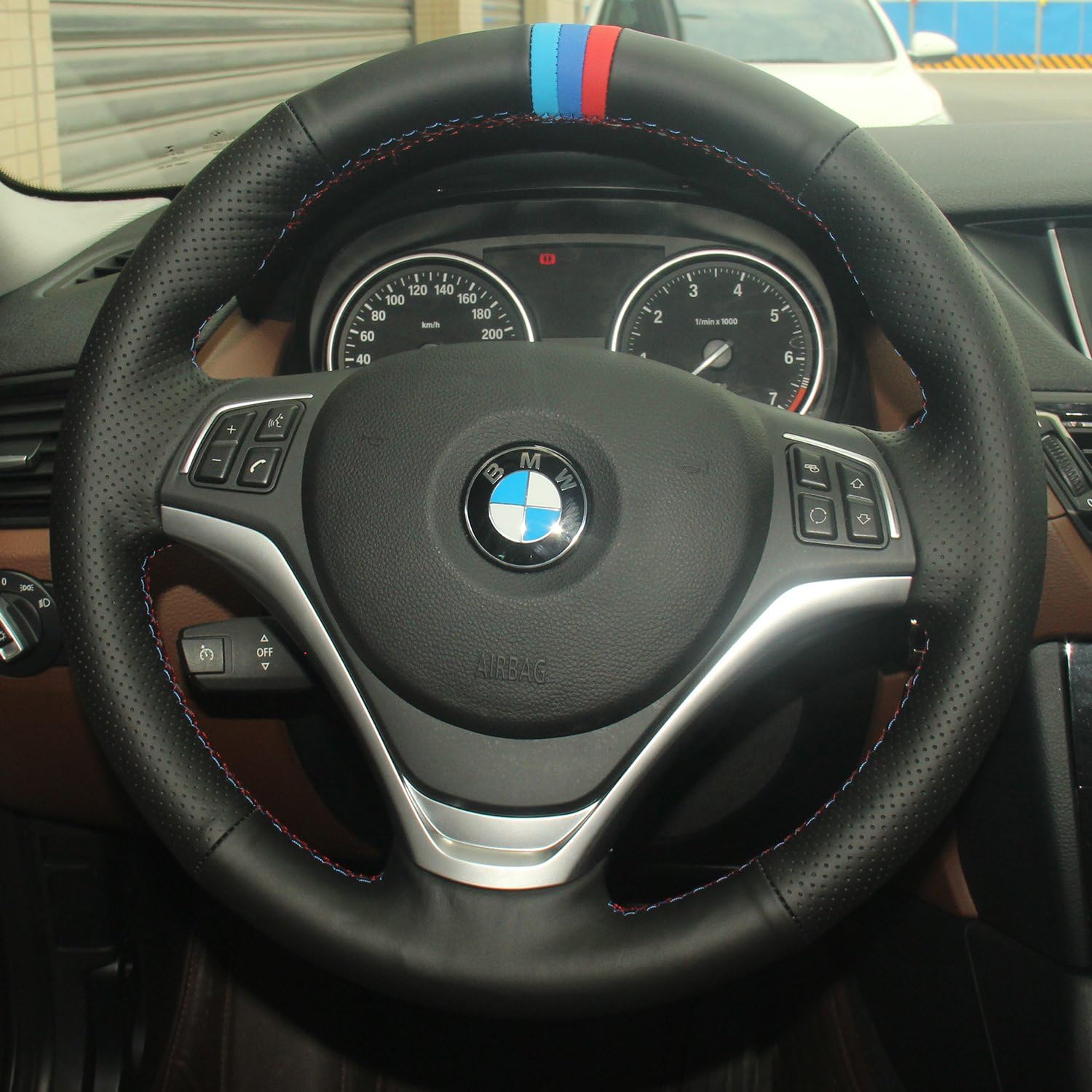 Luxury Hand Sewing Car Steering Wheel Cover Anti-Slip Breathable Nappa Genuine Leather Stitch On with Back to Standard for BMW X1, Black Cover, Red&Blue Thread…