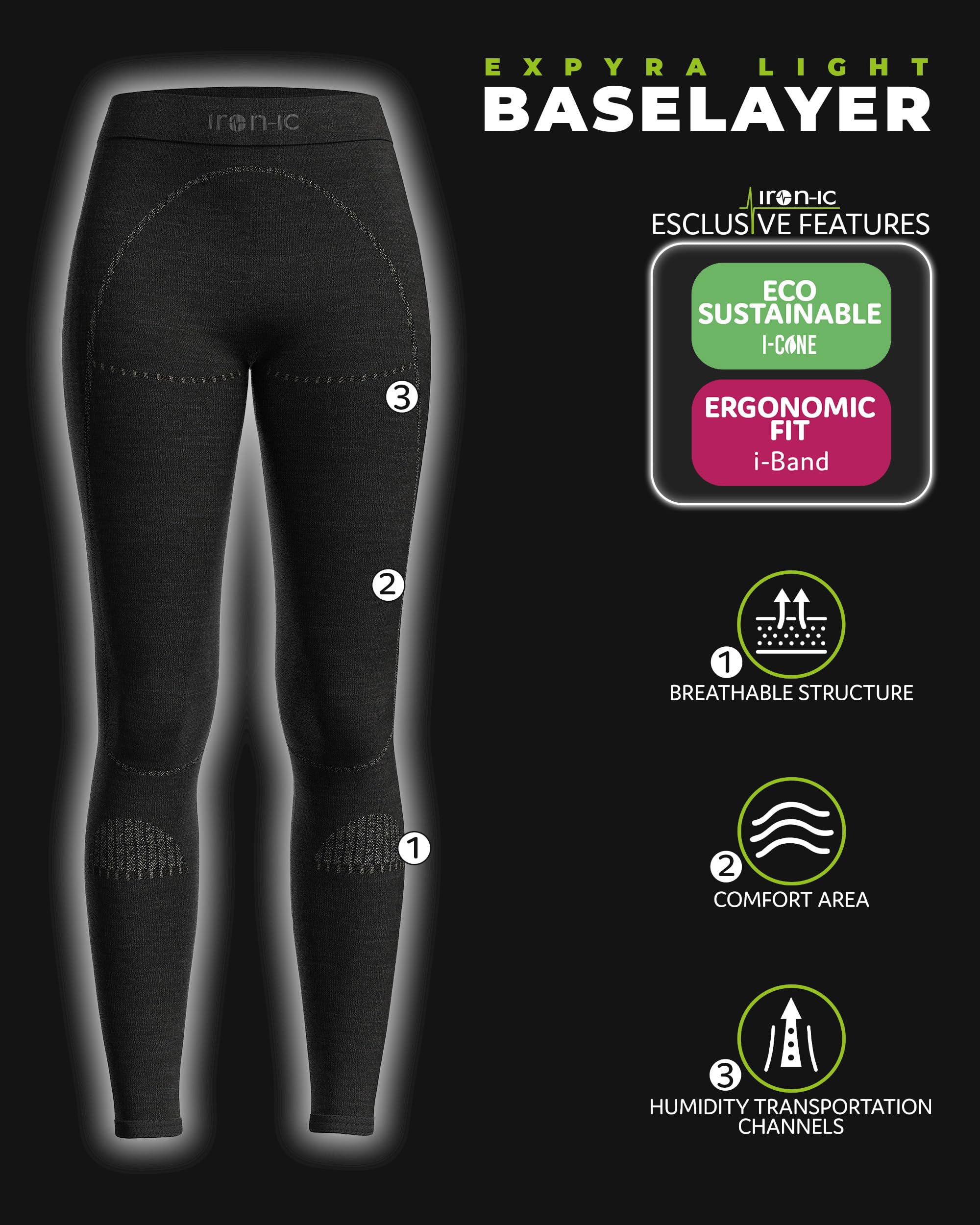 Iron-Ic Damskie legginsy termiczne z wełny merynosów, oddychające i wygodne, na zimną pogodę - art. 610869