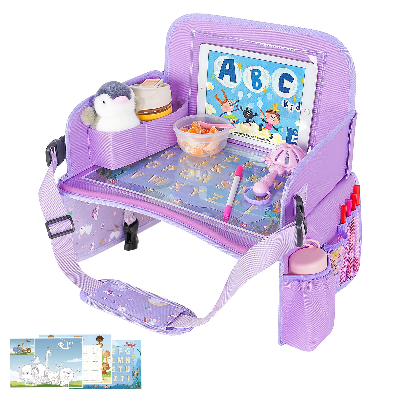 MENZOKE Car Seat Tray for Kids Travel, Car Seat Activity Trays with Educational Drawing Board，Tablet Holder & Cooler Cup Holder, Holiday Gifts for Kids Car Trip, Purple