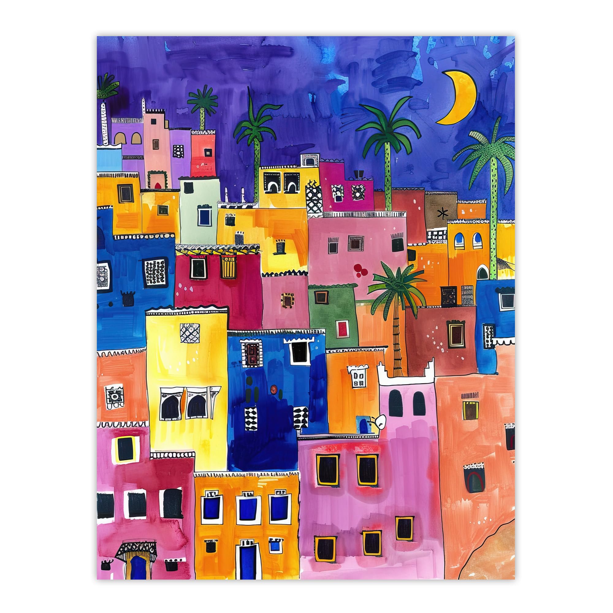 Artery8 Unframed Wall Art Colourful Moroccan Cityscape At Night Watercolour12X16 Inch from B&Q