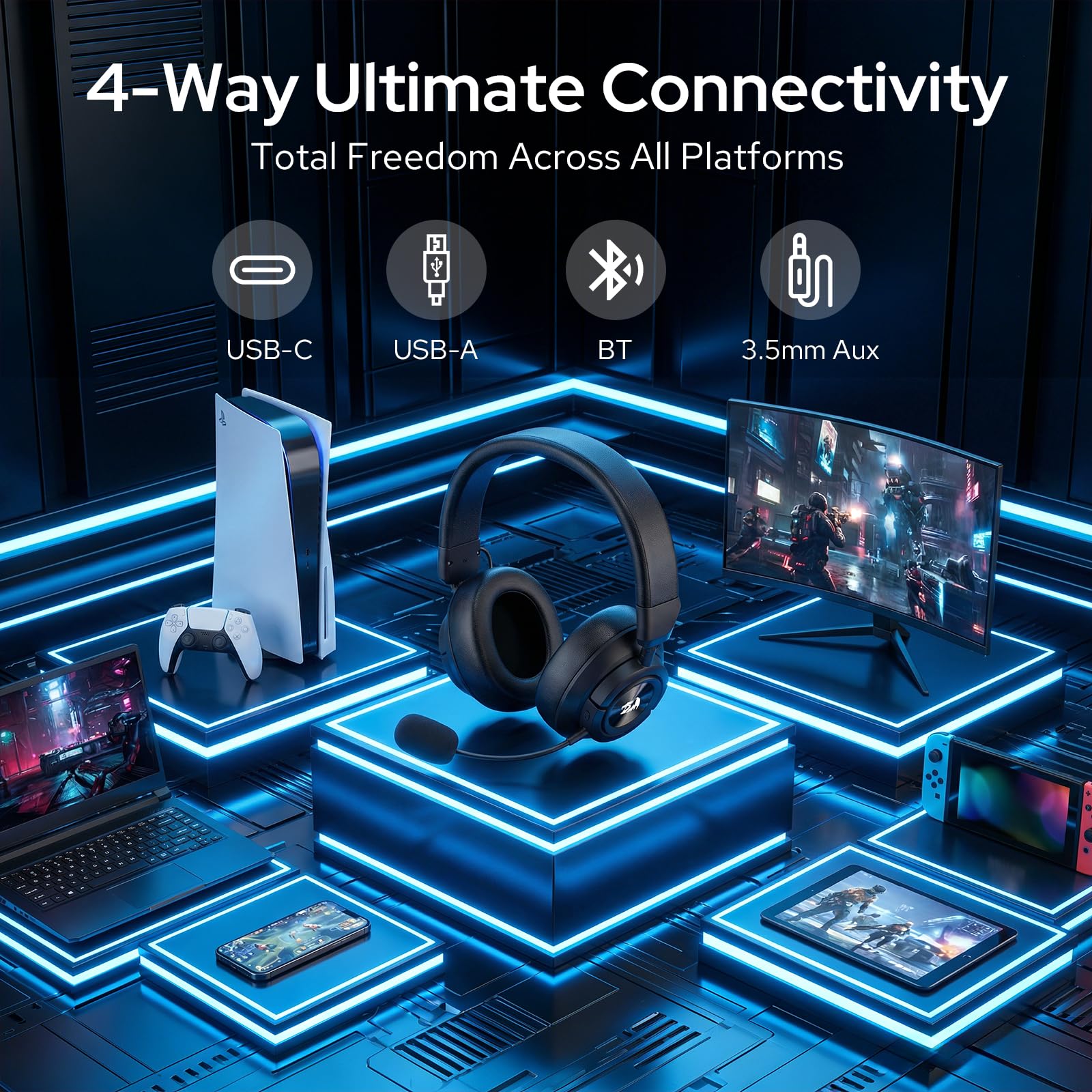 Redragon H889 Auriculares Gaming Inalámbricos 4 en 1 Audio 7.1 53mm | 2.4G BT USB 3.5mm Batería 51h Uso Mientras Carga Micrófono Desmontable PC PS5 NS Móvil