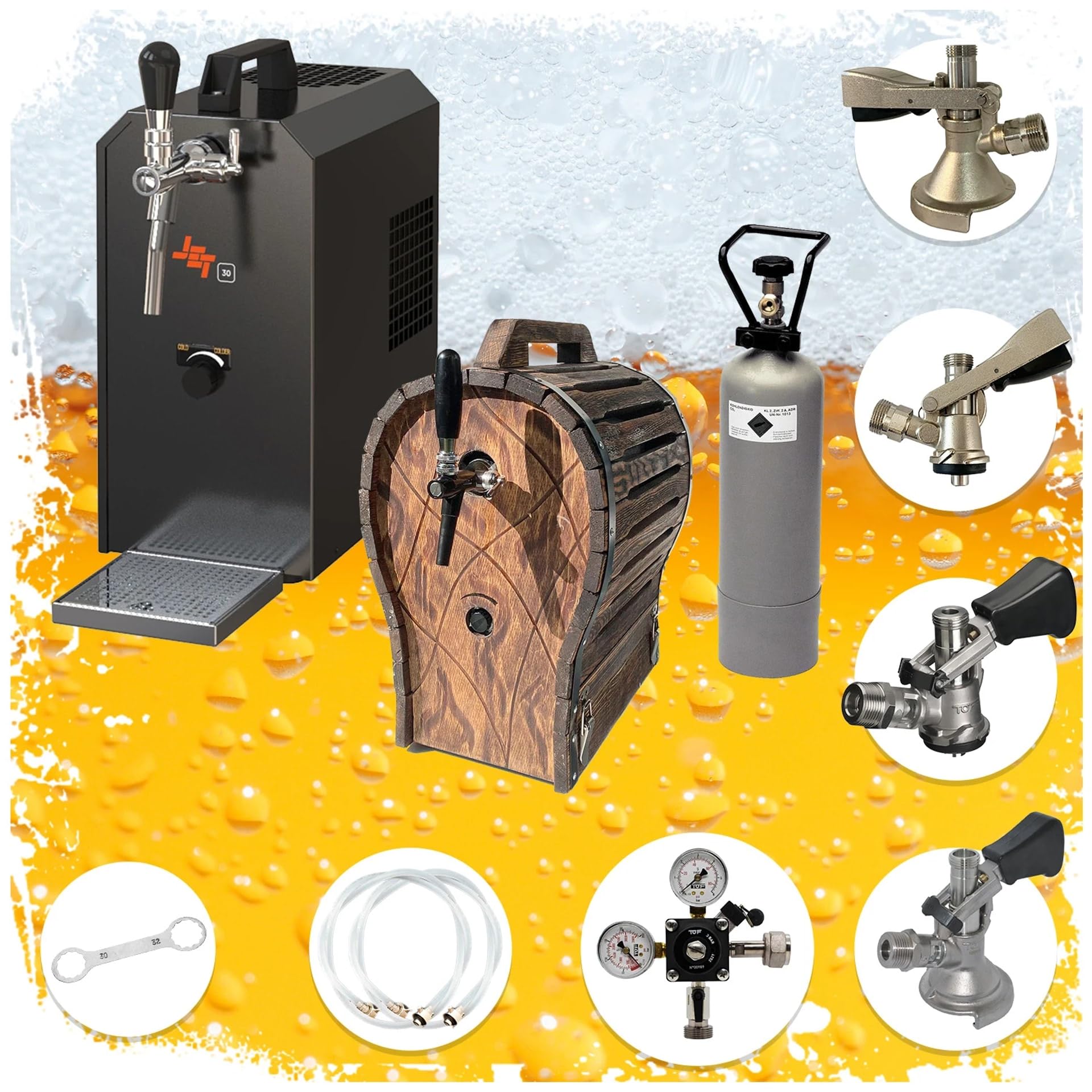 Kit Completo Sistema dispensación Cerveza Jet 30, maletín Enfriador Flujo Continuo 1 vía, seco hasta 35 l/h, sin Barril, con Madera