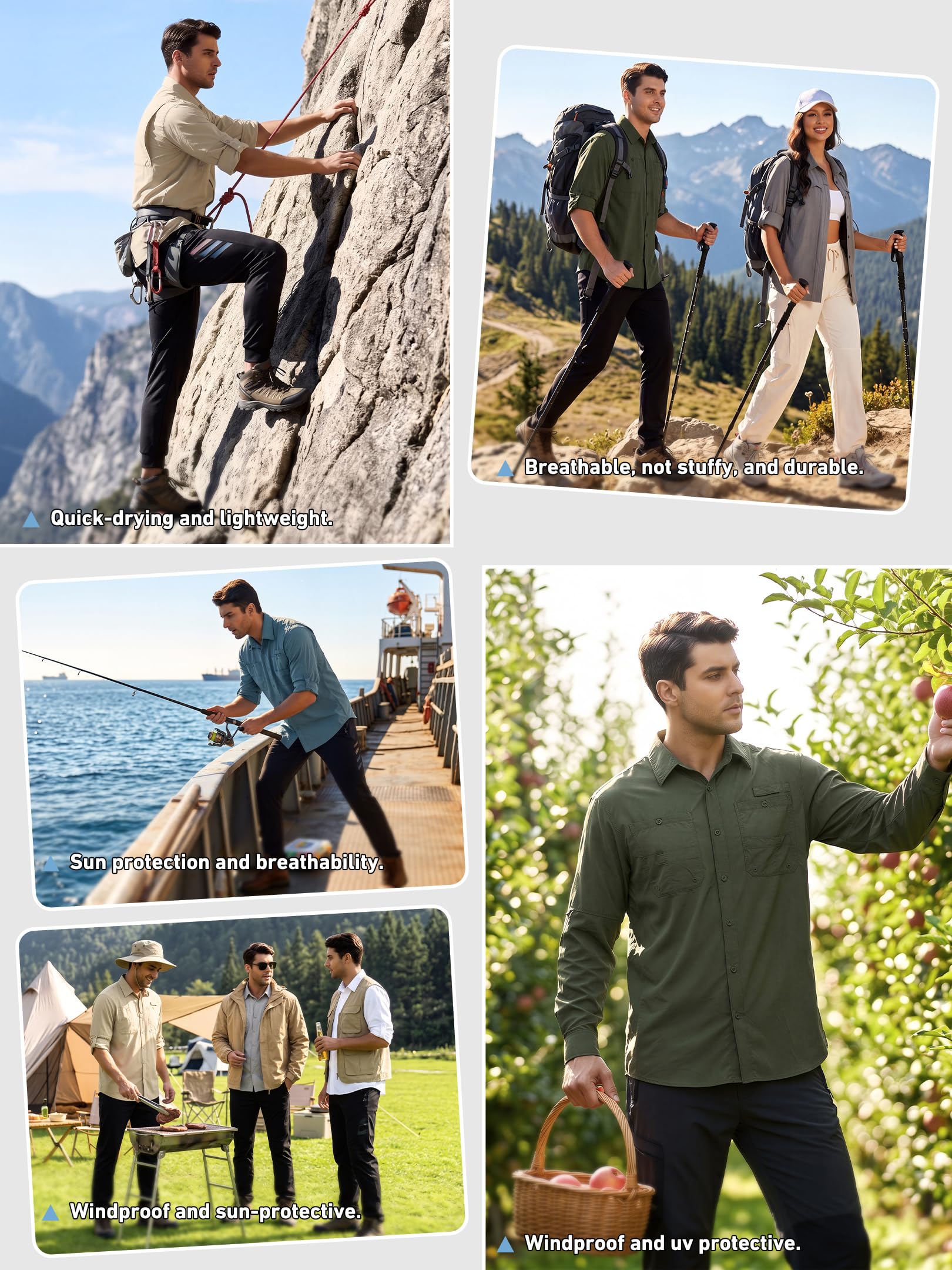 Camisas de Pesca de Manga Larga para Hombre, con protección Solar UPF 50+, Ligeras, de Secado rápido, Estilo Safari, para Acampar, Caqui, Large