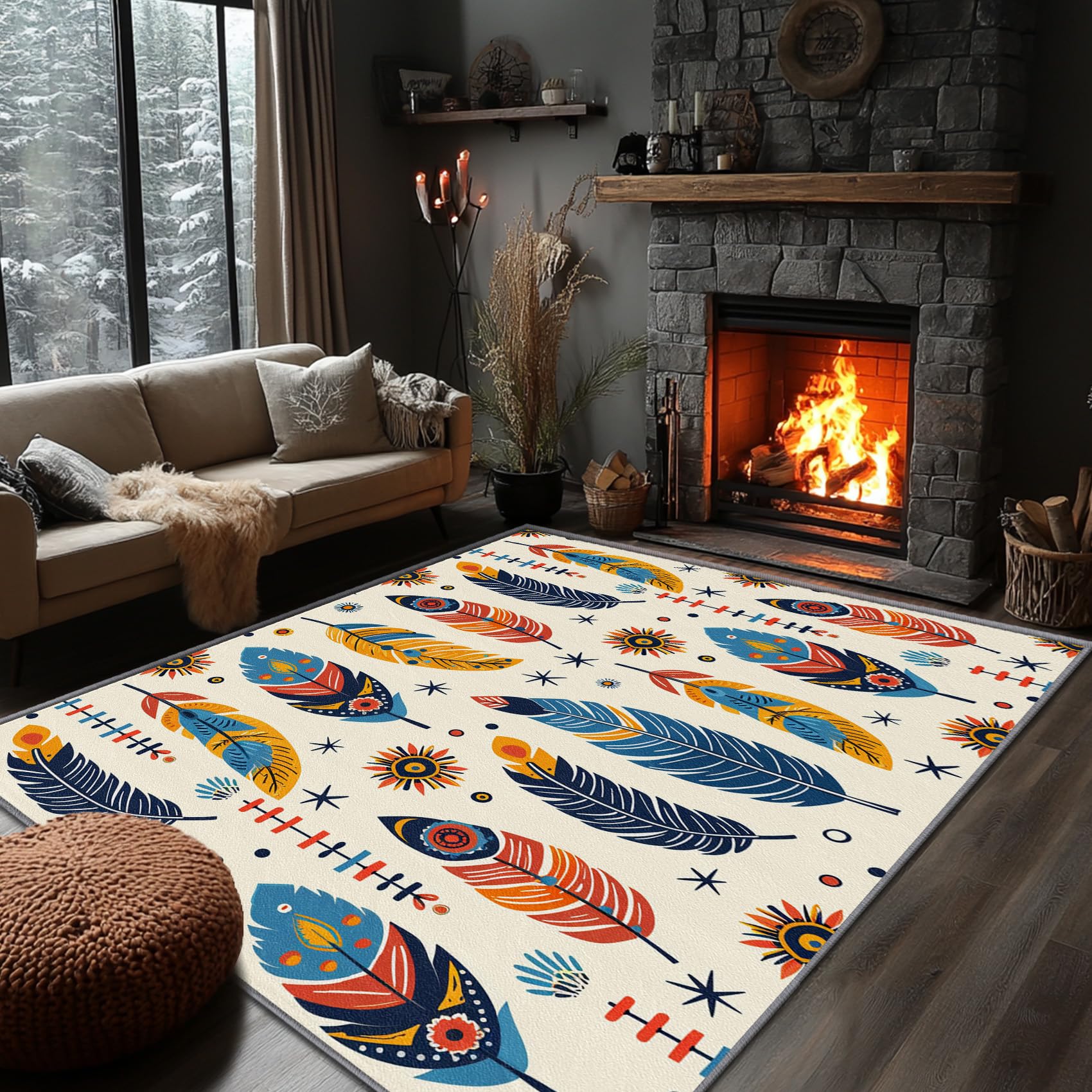 Yoozitrees Native American Rugs for Living Room - Feather Rug, 2x3 Rug, Southwestern Indian Tribal Colorful Area Rug, Rustic Door Mat, Washable & Non
