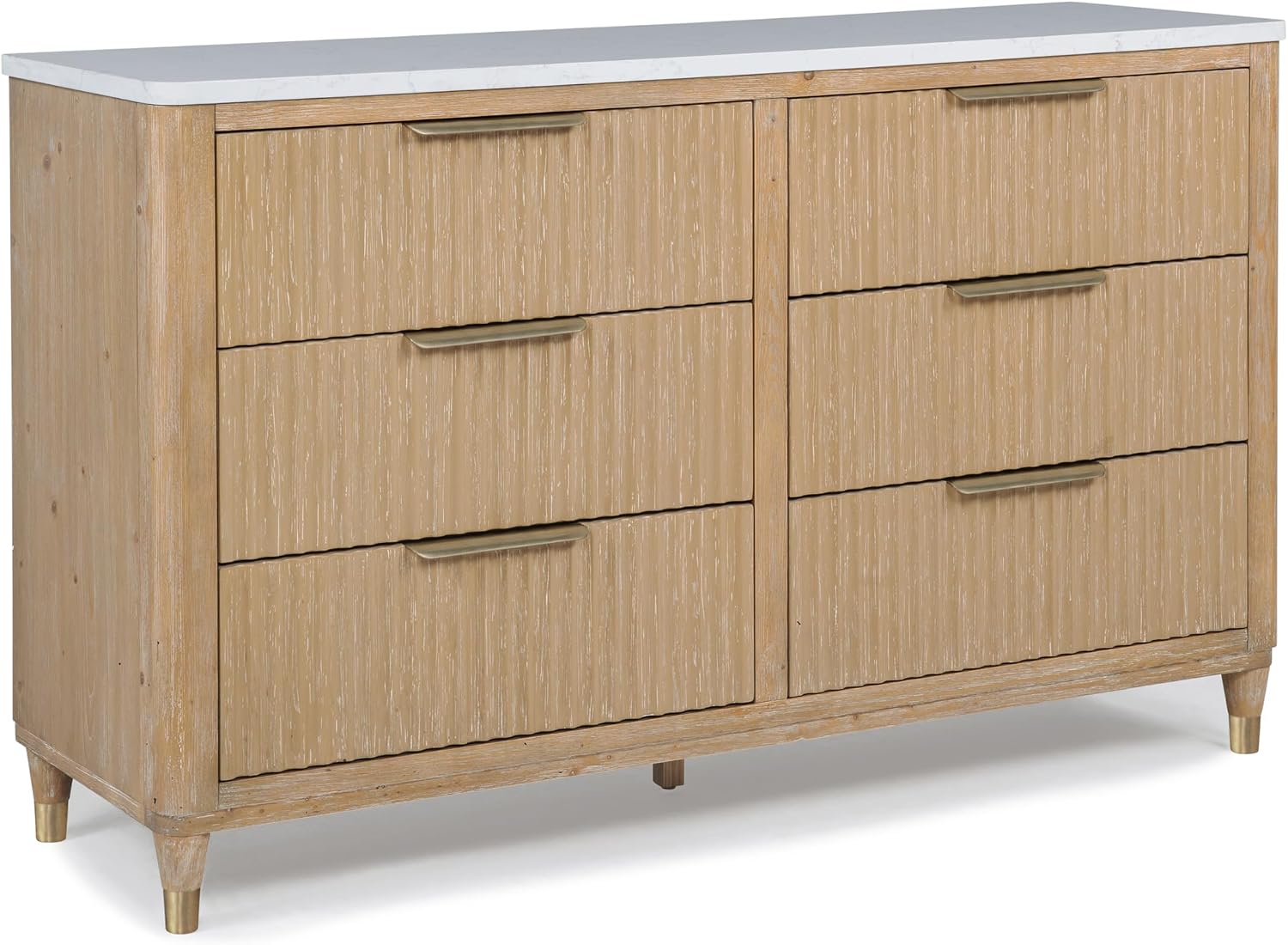 Modern Aesthetic Natural Wood Finish Ample Storage Space Six Drawers 1pc Dresser Engineered Stone Top Fully Extension Glide Brass-Accented Hardware