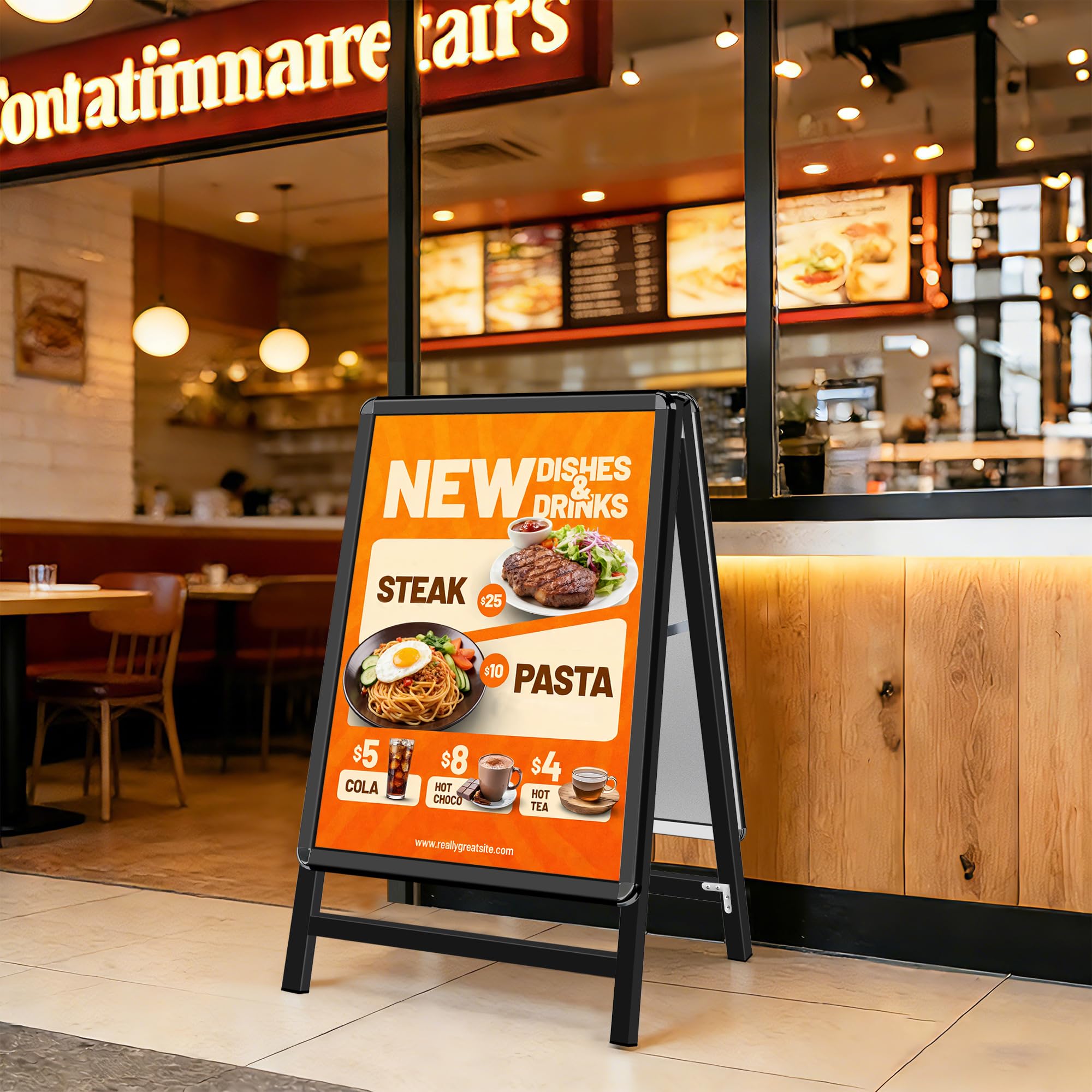 Pavimentazione Cartello Cornice A2 in Alluminio - Cavalletto Pubblicitario Doppia Faccia per Menu Ristorante/Offerte Promozionali/Negozi, Supporto Poster da Parete o Pavimento, Nero