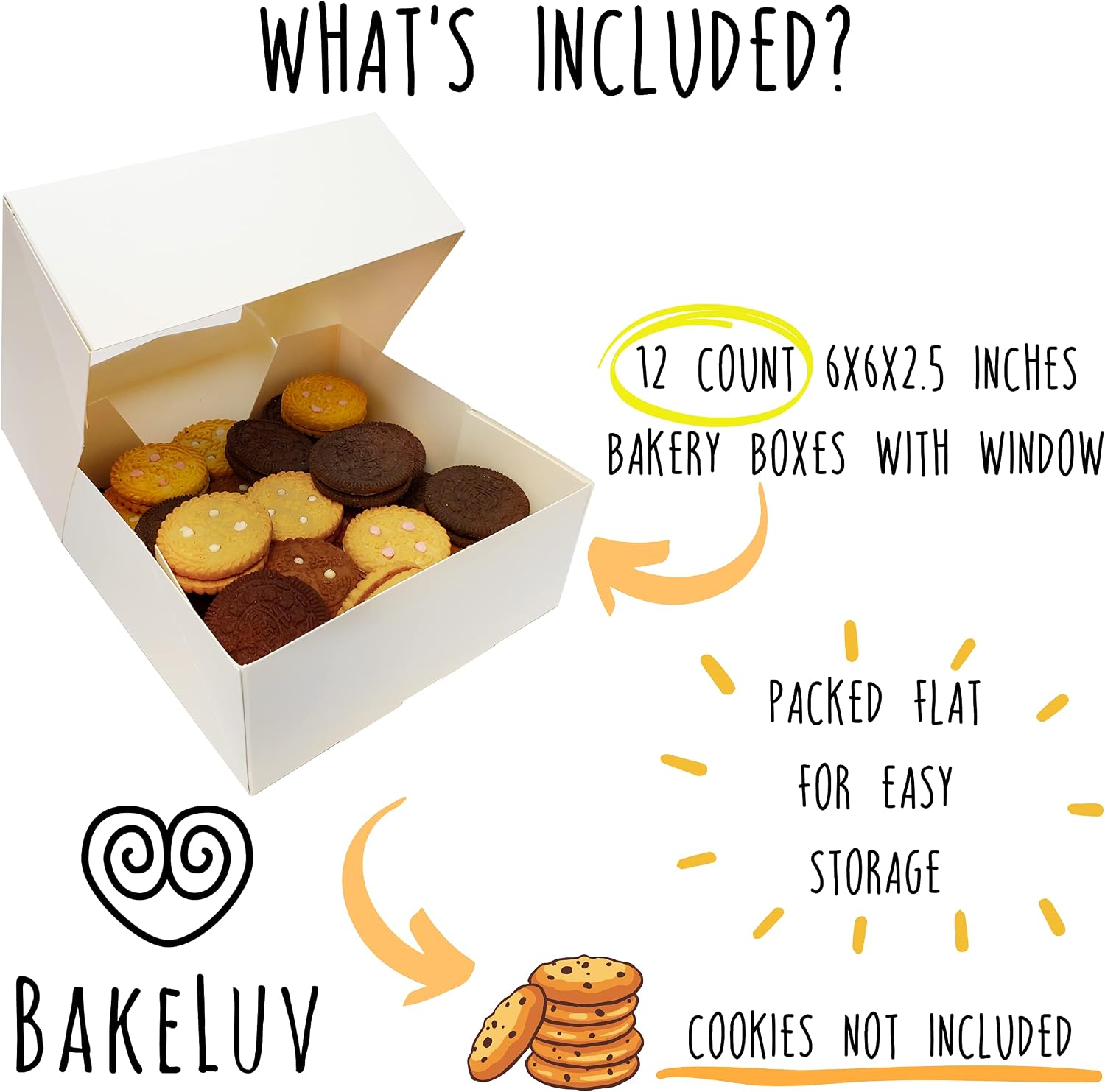 BAKELUV 6x6x2.5” White Pastry Boxes with Window | 12 Pack | Bakery Boxes with Window | Small Cake Boxes | Charcuterie Boxes | Cookie Boxes | Brownie Boxes| Alternative to 6x6x3” Bakery Boxes