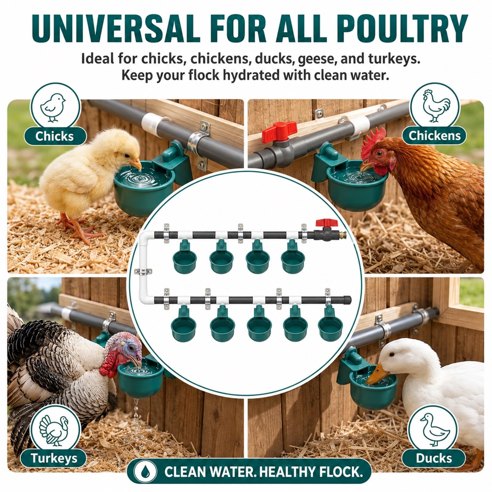 Juego Completo De Bebederos Y Dispensadores De Agua Para Aves, Sisteme Automático De Riego Para Avicultura Con 9 Copas Bebederas, 10 Tubos Y Válvula De Flotador, Kit De Bebederos