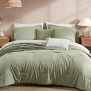 Monbix King Size Comforter Set - 7 Pieces Olive Green Prewashed Bed in a Bag King Bedding Sets with Comforters, All Seasons Ultra Soft Comforter Bed Set with Sheets,Pillowcases & Shams