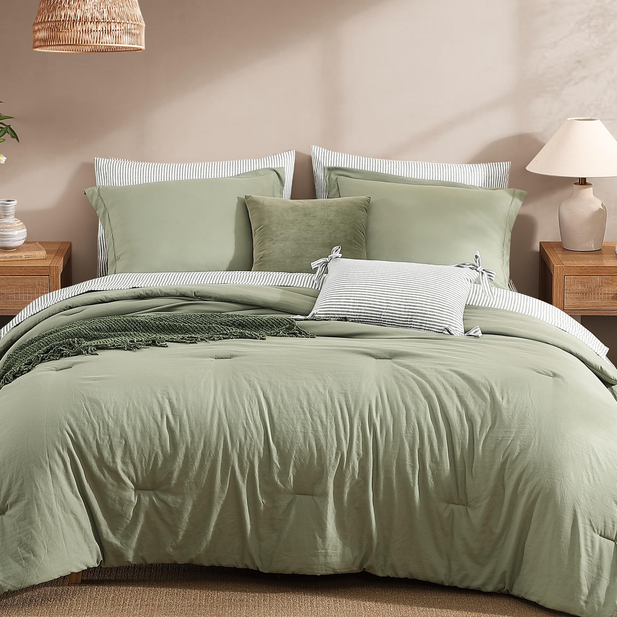 Monbix Queen Comforter Set - 7 Pieces Olive Green Prewashed Bed in a Bag Queen Bedding Sets with Comforters, All Seasons Down Alternative Comforter Bed Set with Sheets,Pillowcases & Shams