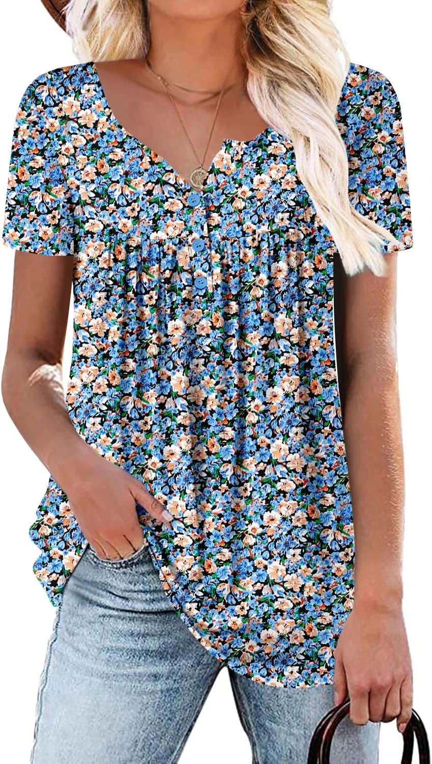 Women's Short Sleeve Shirts Floral Summer Tops Loose Fit for Leggings